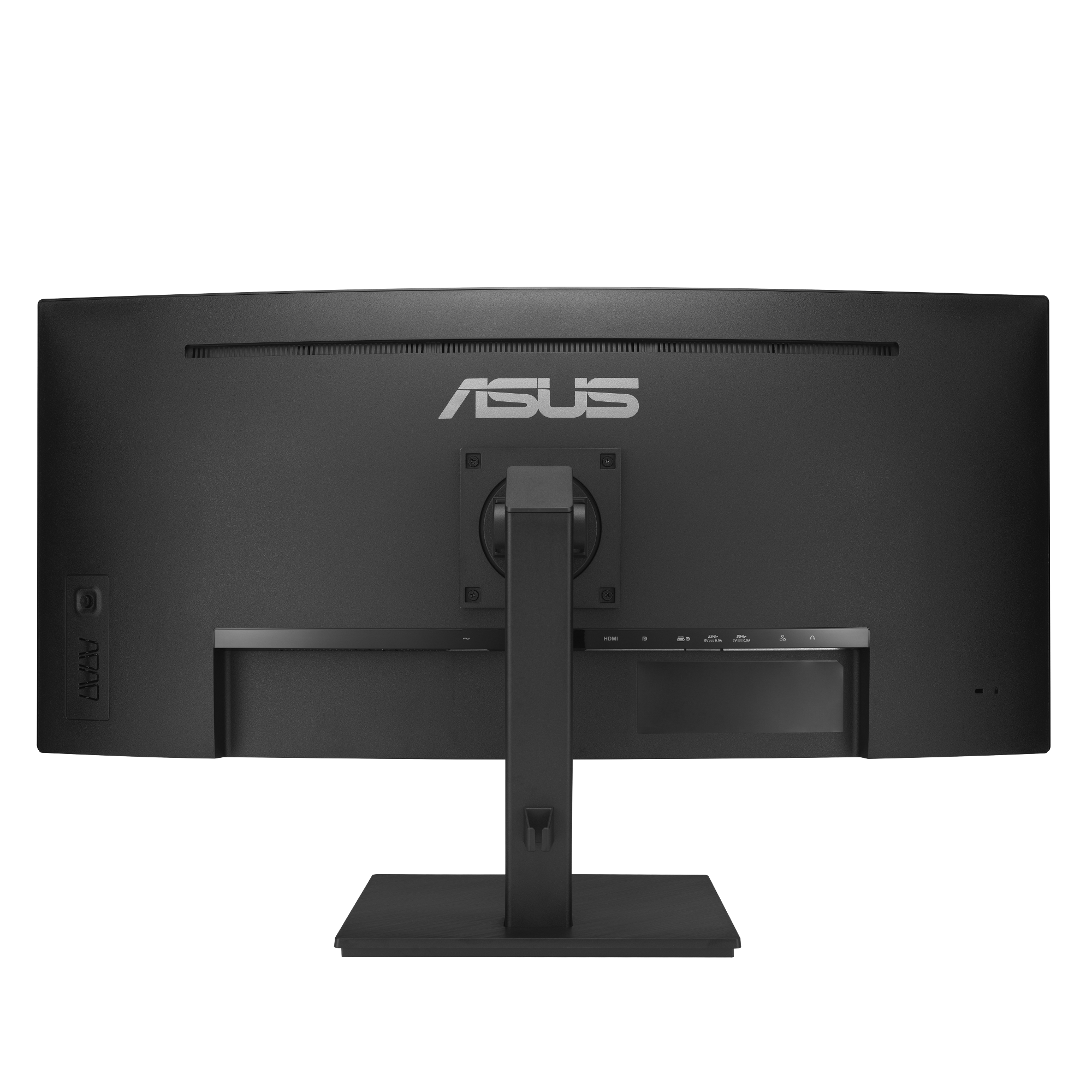 Rückseite eines schwarzen ASUS-Monitors mit Markenlogo, Anschlüssen und Ständer.