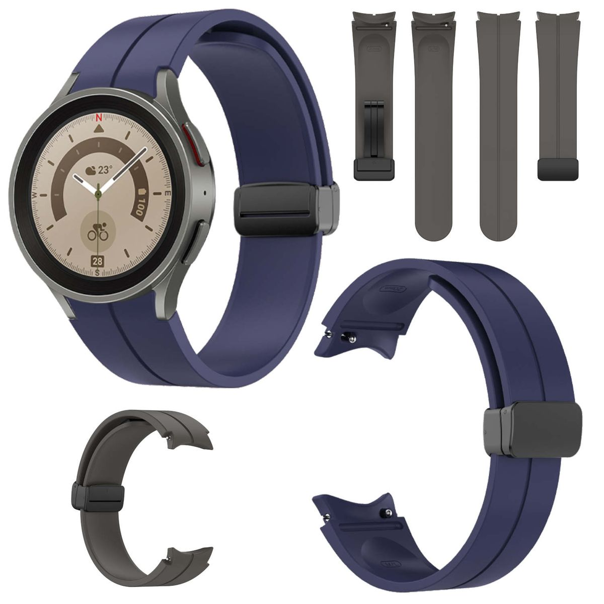 Eine Smartwatch mit mehreren Armbändern. Die Uhr ist silberfarben und hat ein blaues Armband. Zusätzliche Bänder sind grau und blau.