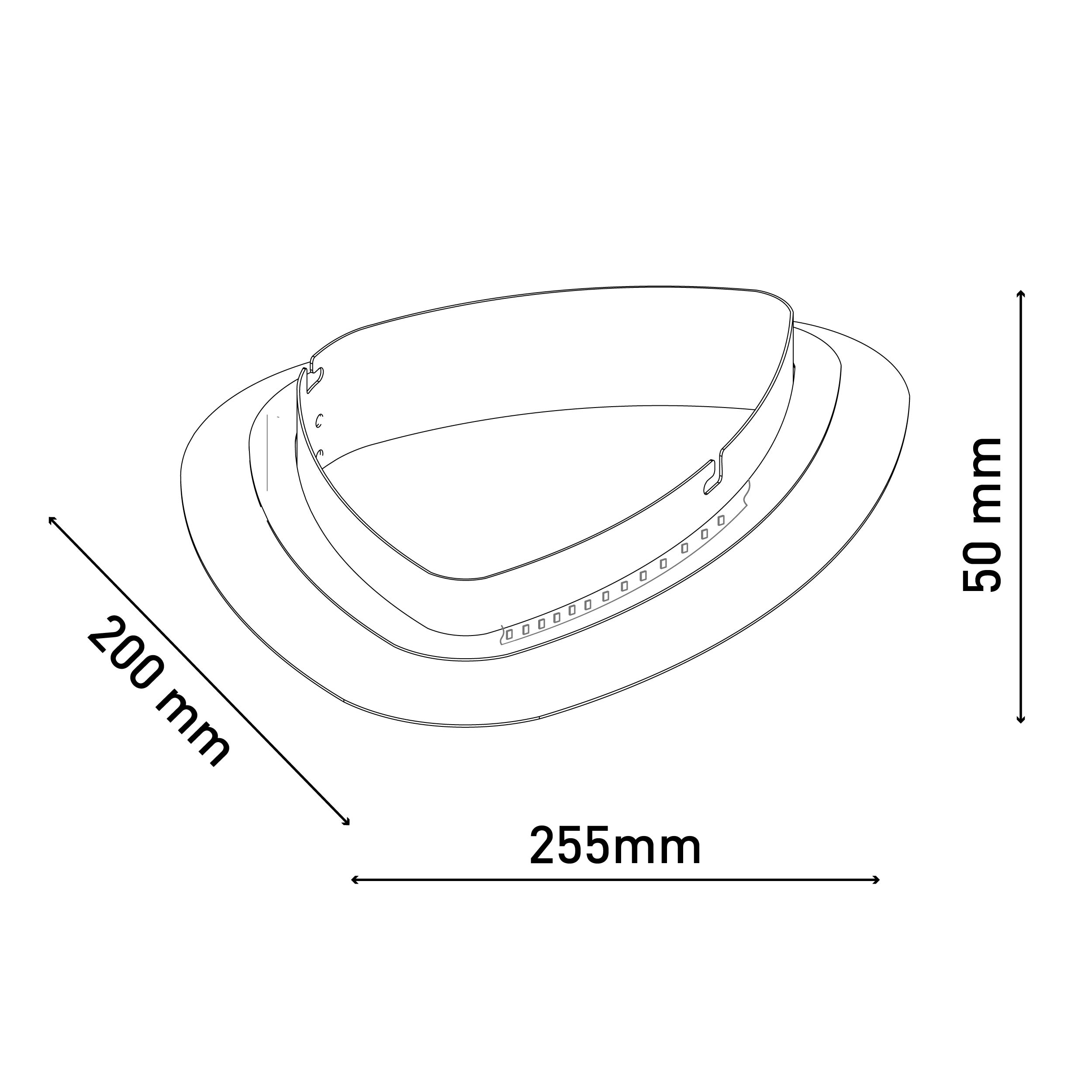 Strichzeichnung eines Huts mit den Maßen: 255 mm breit, 200 mm lang und 50 mm hoch, auf weißem Hintergrund.