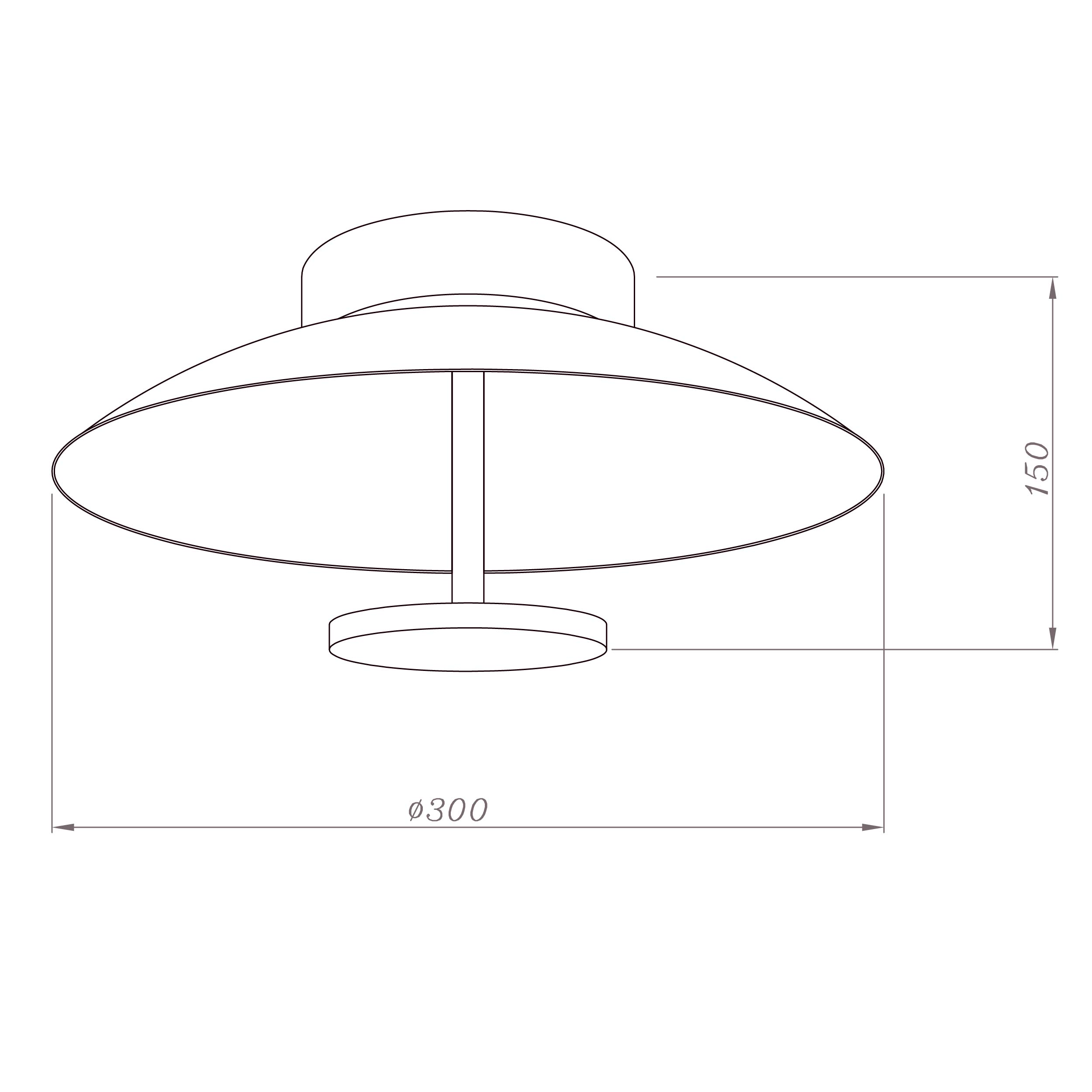 Technische Zeichnung einer Lampe. Zeigt Abmessungen: 300mm Durchmesser, 150mm Höhe. Einfache Linien.
