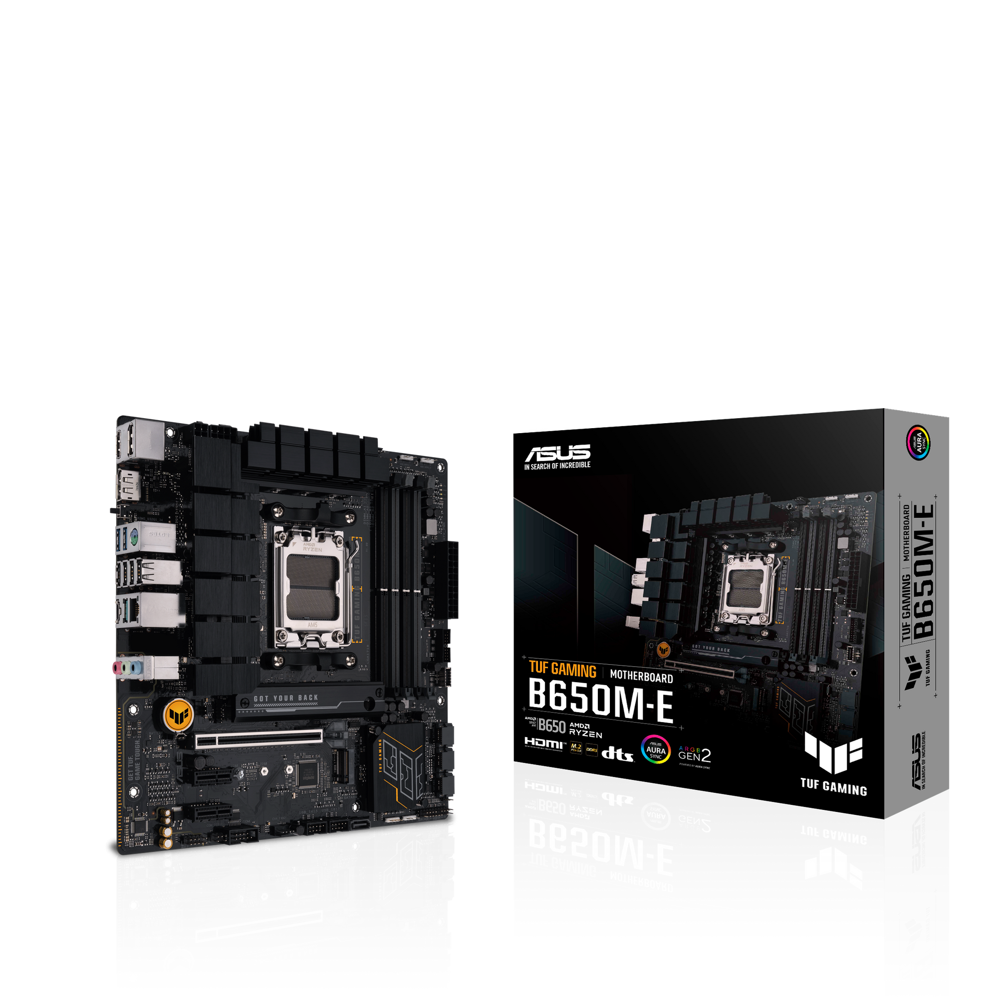 Płyta główna komputera i jej pudełko, pokazujące cechy i specyfikacje produktu.