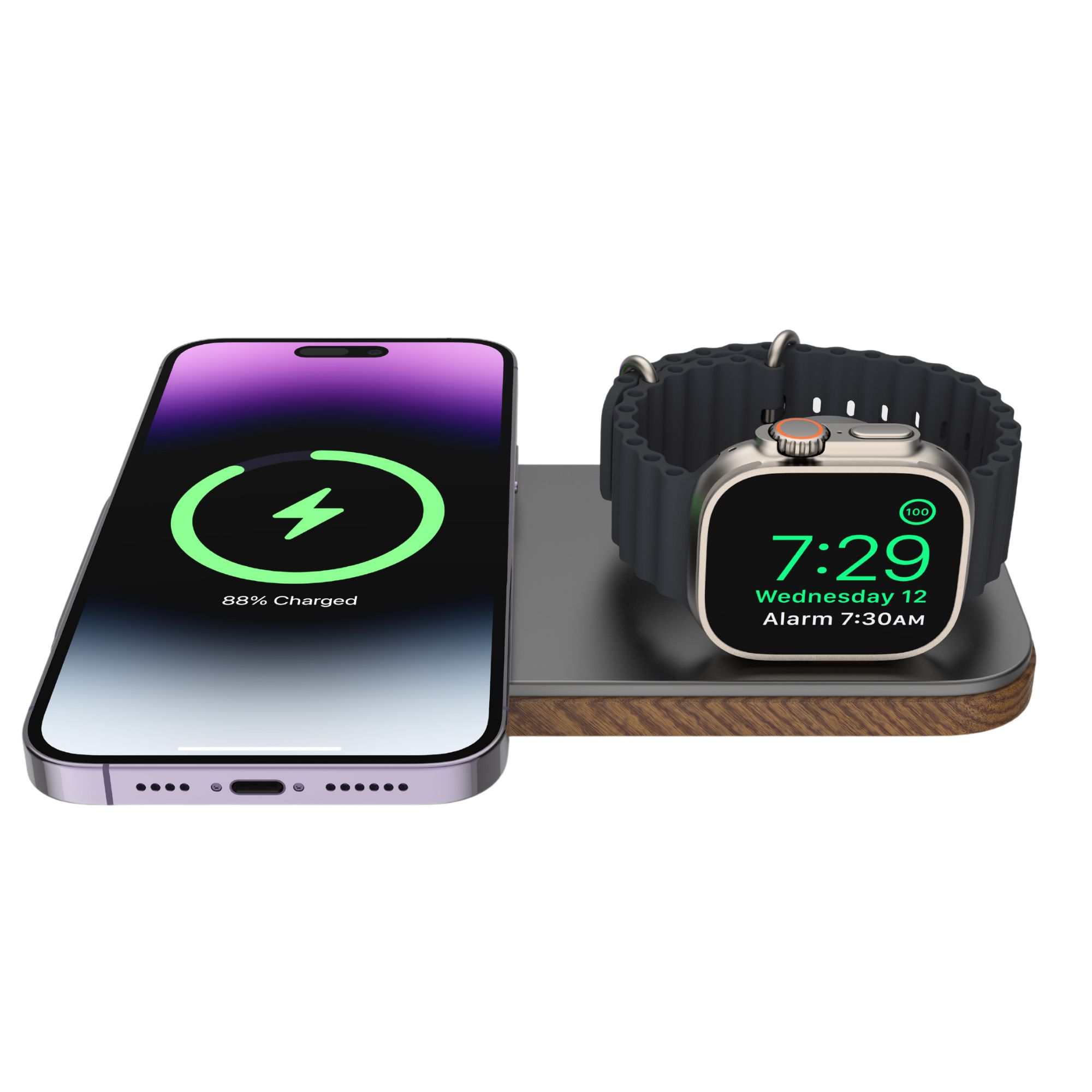 Telefon und Uhr laden auf einem Holzladegerät. Telefon zeigt 88% geladen.
