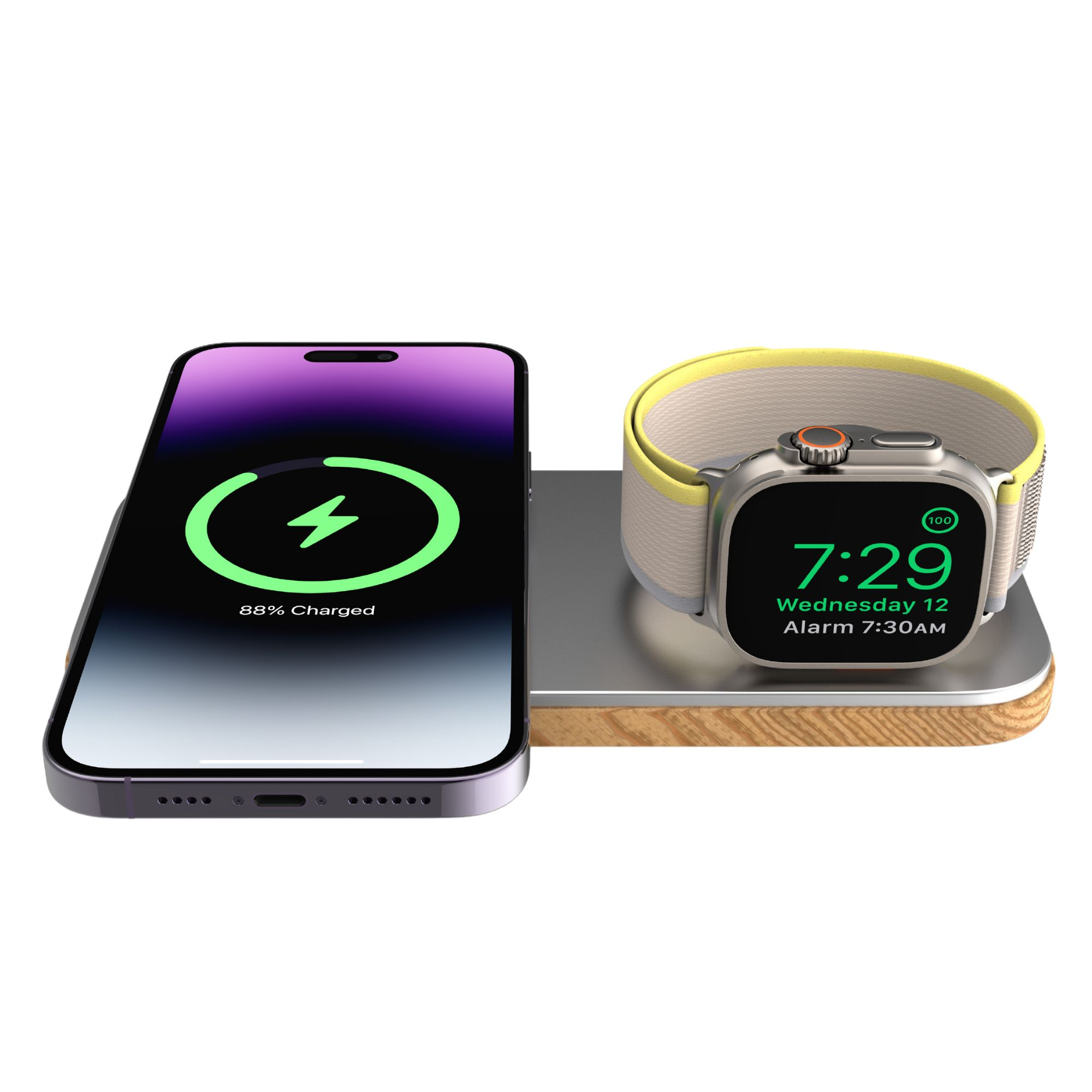 Smartphone e Apple Watch Ultra su un pad di ricarica, con sfondo bianco.