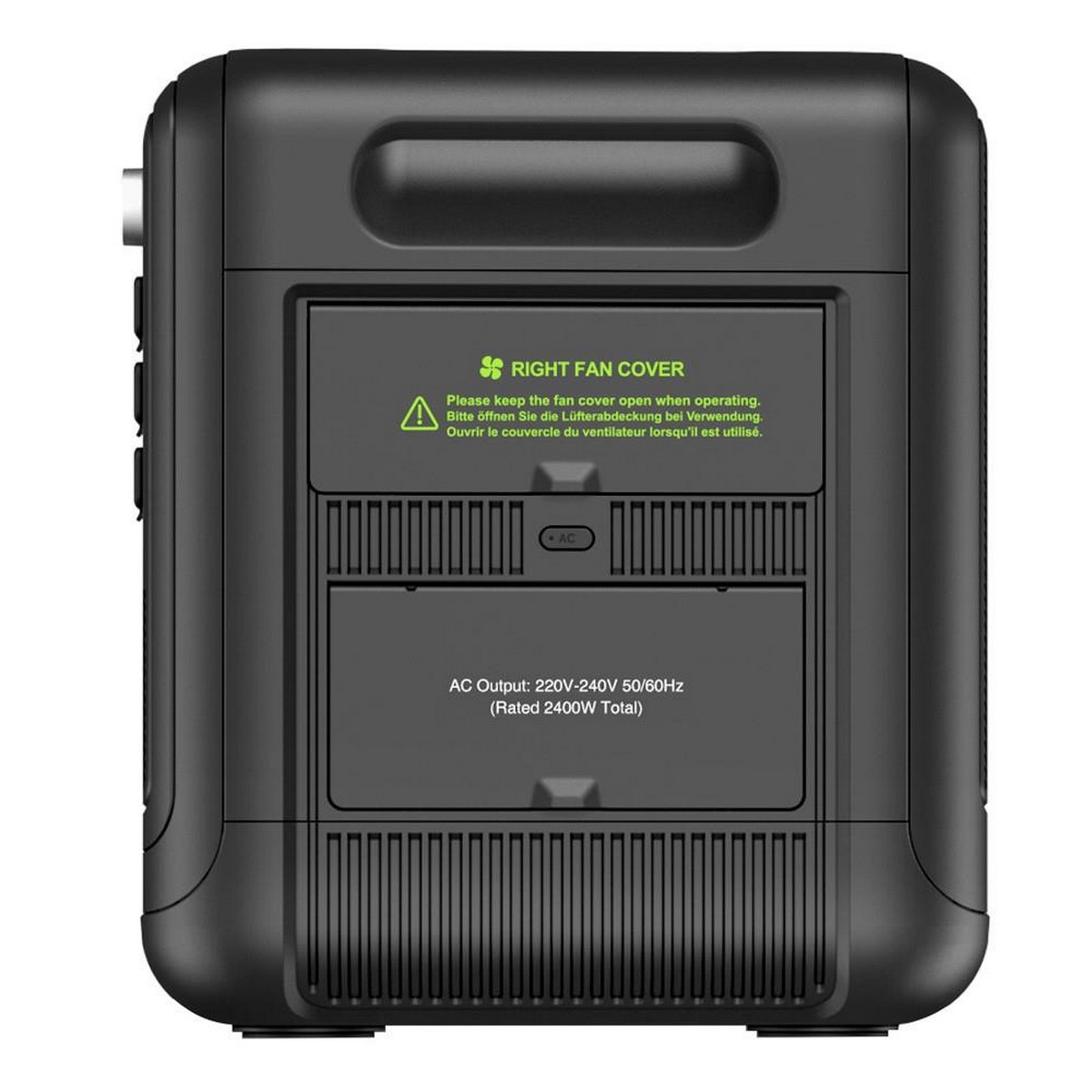 Czarna elektrownia z ostrzeżeniem o osłonie wentylatora. Tekst: Wyjście AC 220V-240V.