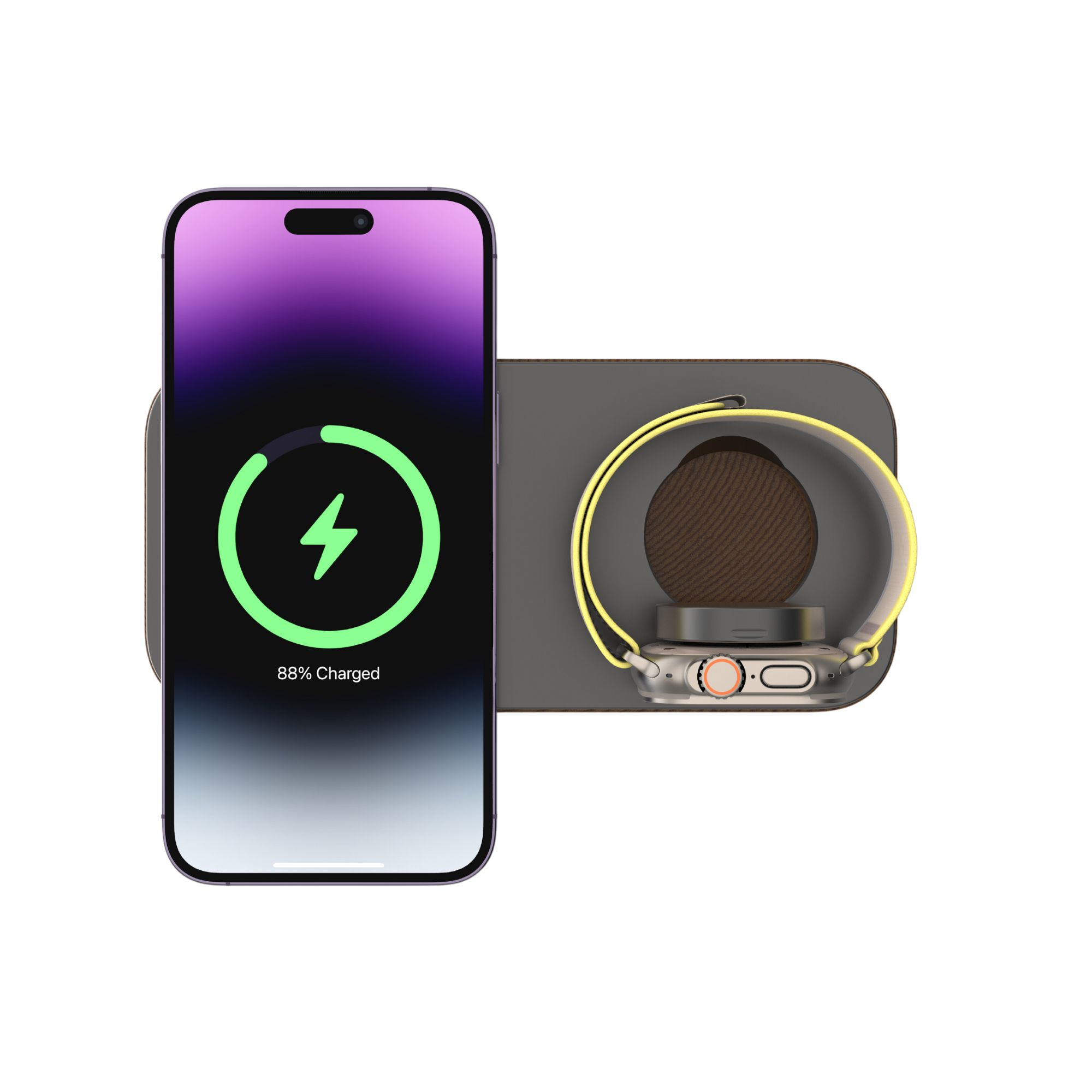 Telefon und Smartwatch laden. Telefon lädt und zeigt Akkustand an. Graues Ladegerät.