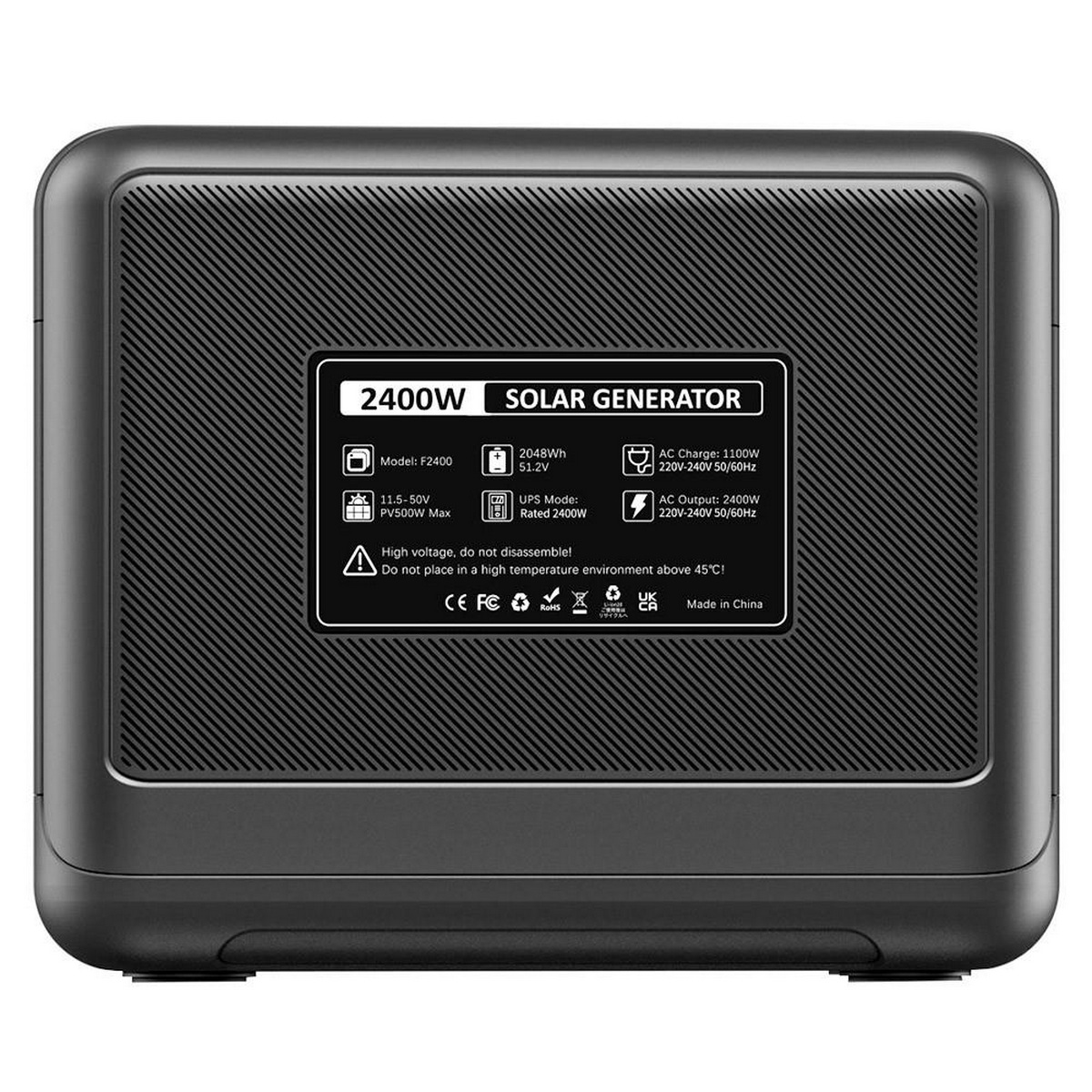 Tył czarnego generatora słonecznego. Ma etykiety i teksturę w kratkę.