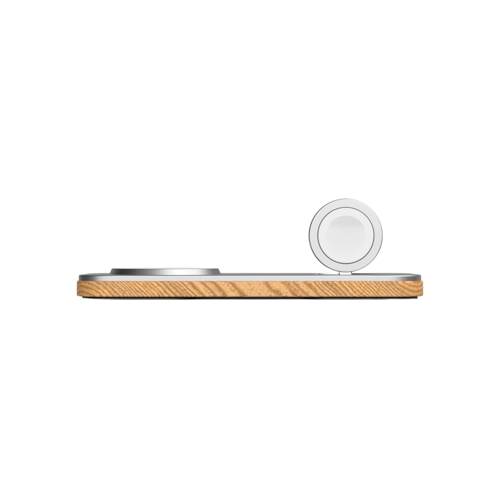 Base di ricarica wireless con base in legno, con caricatore per orologio e telefono.