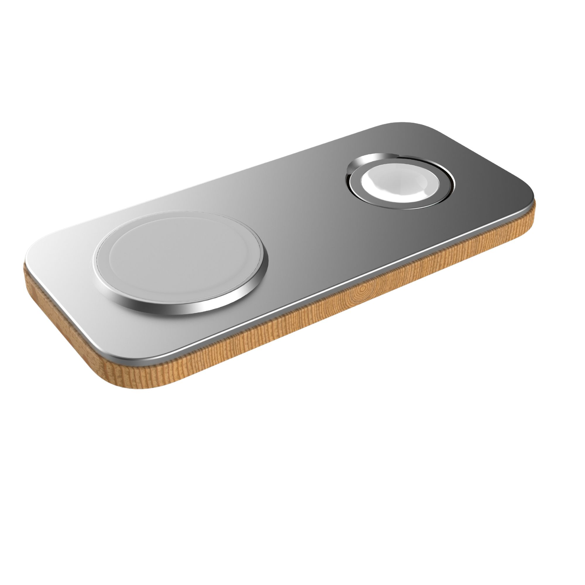 Base di ricarica argento e legno. Punti di ricarica rotondi. Sfondo bianco pulito.