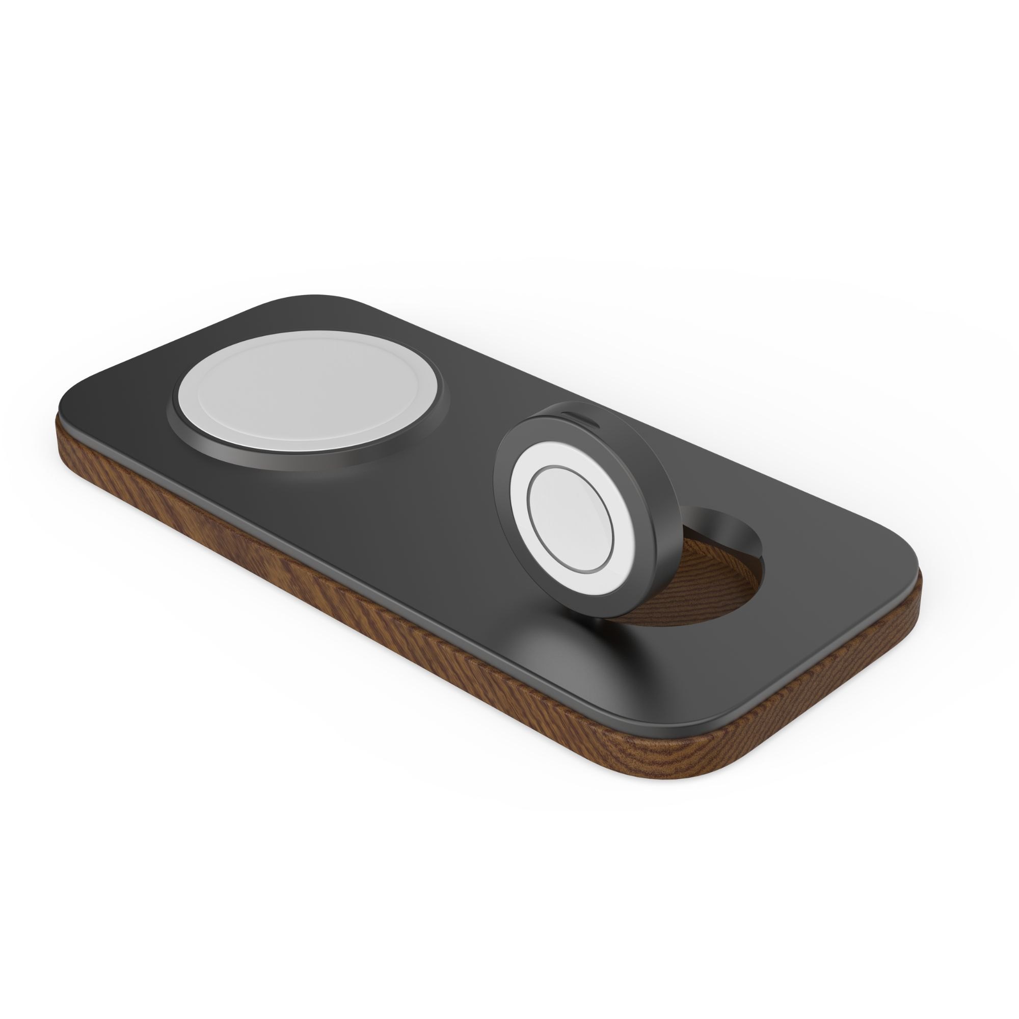 Ein schwarzes und braunes kabelloses Ladepad mit einem weißen Apple Watch-Ladegerät und einem kleinen Ständer.