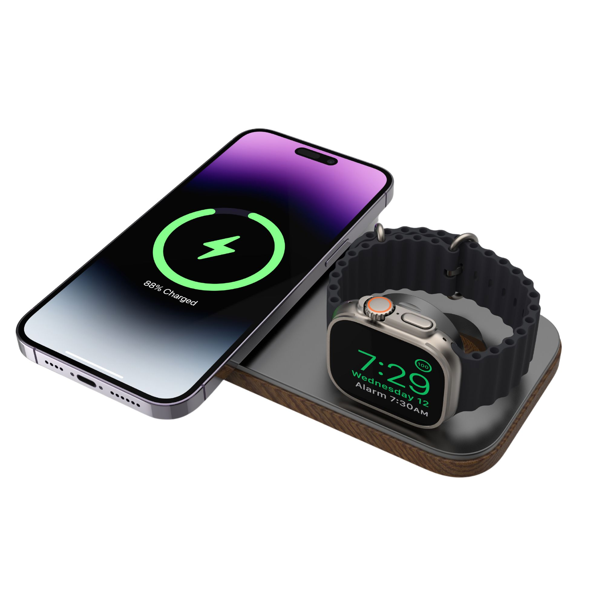 Ein Telefon, das drahtlos geladen wird, mit einer Apple Watch auf einem hölzernen Ladepad. Zeigt 88% geladen.