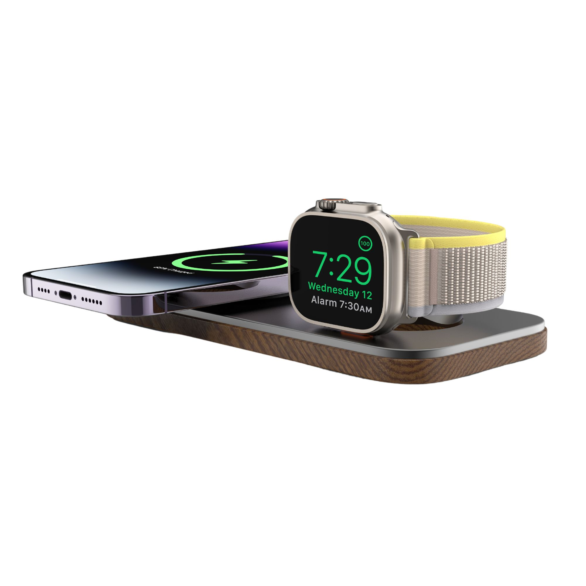 Ein Telefon und eine Smartwatch laden auf einem hölzernen Ladepad. Die Uhr zeigt die Zeit an.
