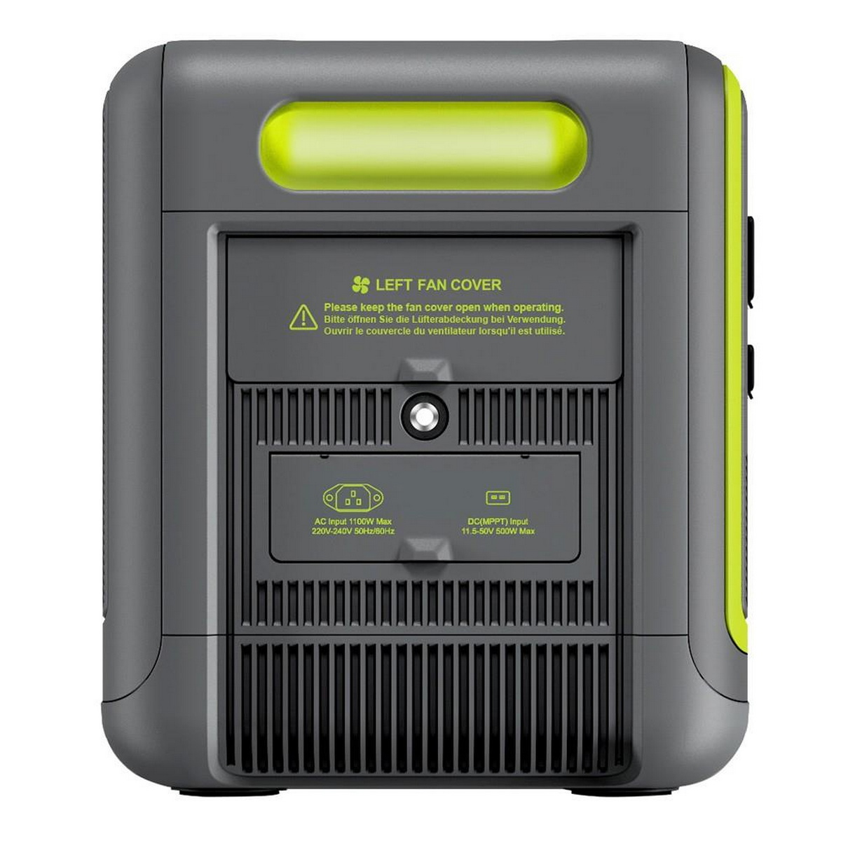 Tył szarego i zielonego urządzenia. Tekst jest widoczny z tyłu.