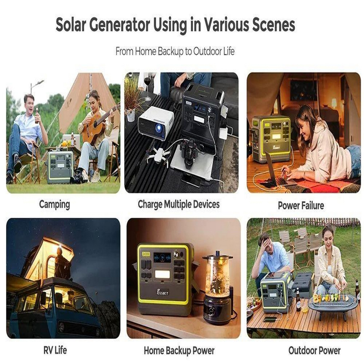 Verschiedene Szenarien mit einem Solargenerator für Camping, Aufladen, Stromausfall und Outdoor-Aktivitäten.