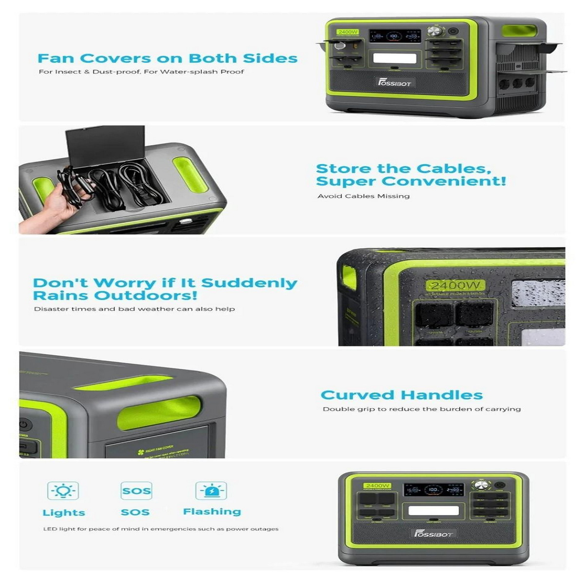 Wiele zdjęć szaro-zielonej stacji zasilania z tekstem. Pokazuje porty, światła i uchwyty.