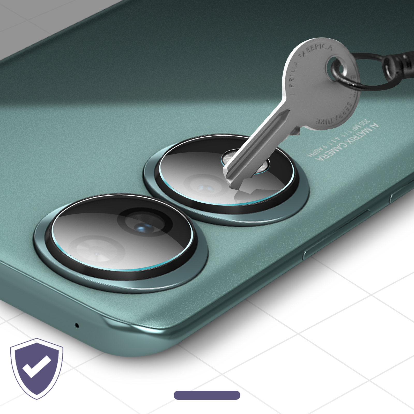Una llave rayando un teléfono con parte trasera verde, un icono de escudo y una marca de verificación abajo a la izquierda.