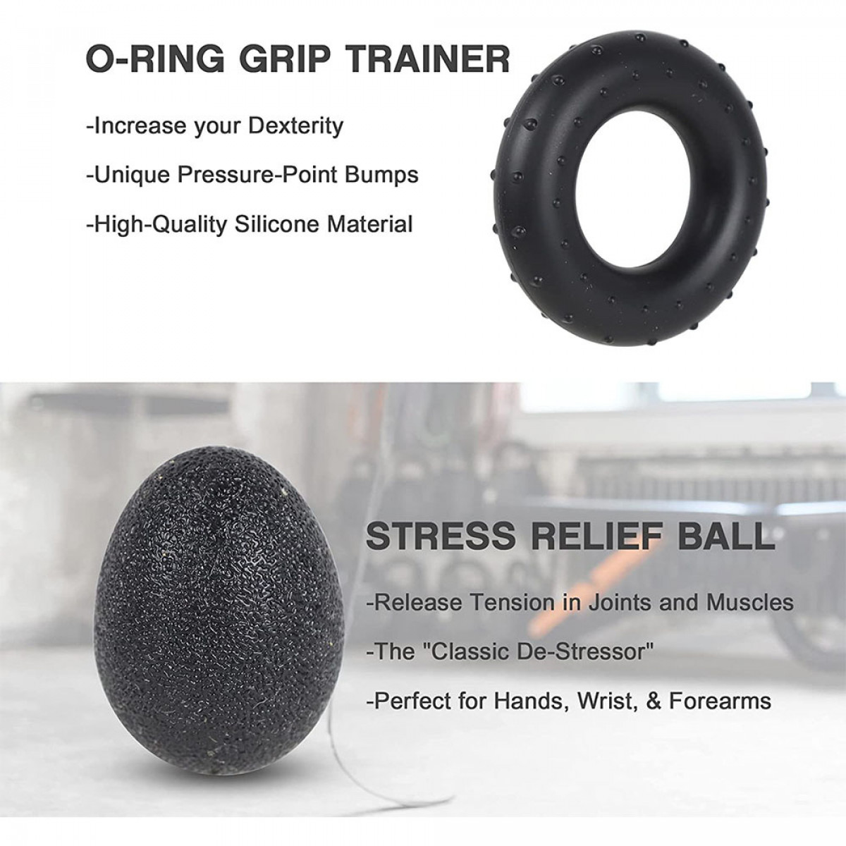 Przedmioty redukujące stres: trener chwytu O-ring i teksturowana kulka antystresowa w kształcie jaja.