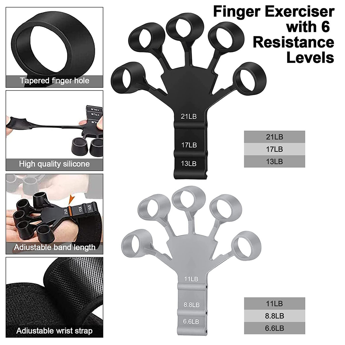 Finger-Trainingsgerät mit sechs Widerstandsstufen. Schwarze und graue Versionen. Verstellbarer Handgelenkriemen.