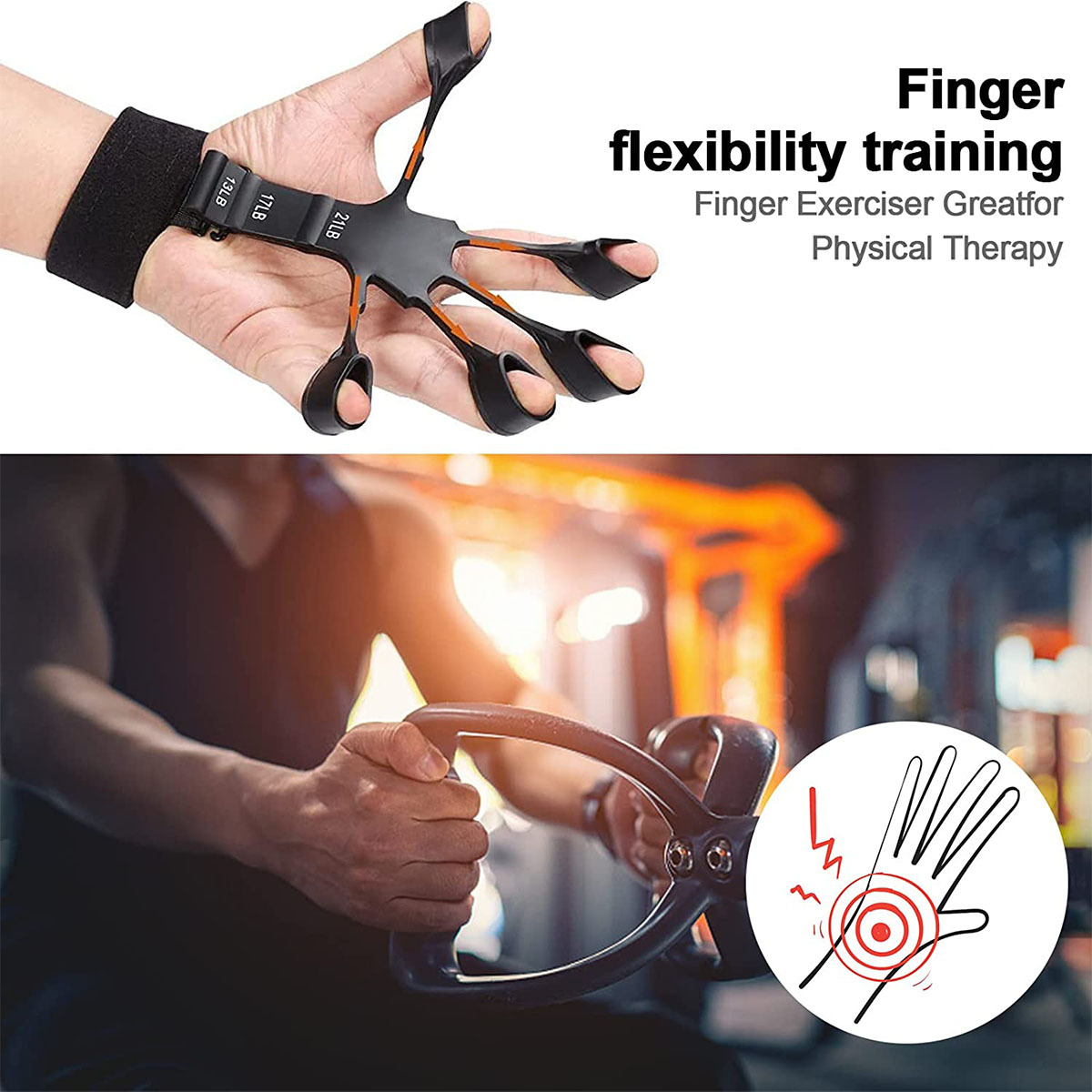 Hand mit Fingertrainer. Gewichte sind befestigt. Eine handgezeichnete Schmerzdarstellung wird gezeigt.