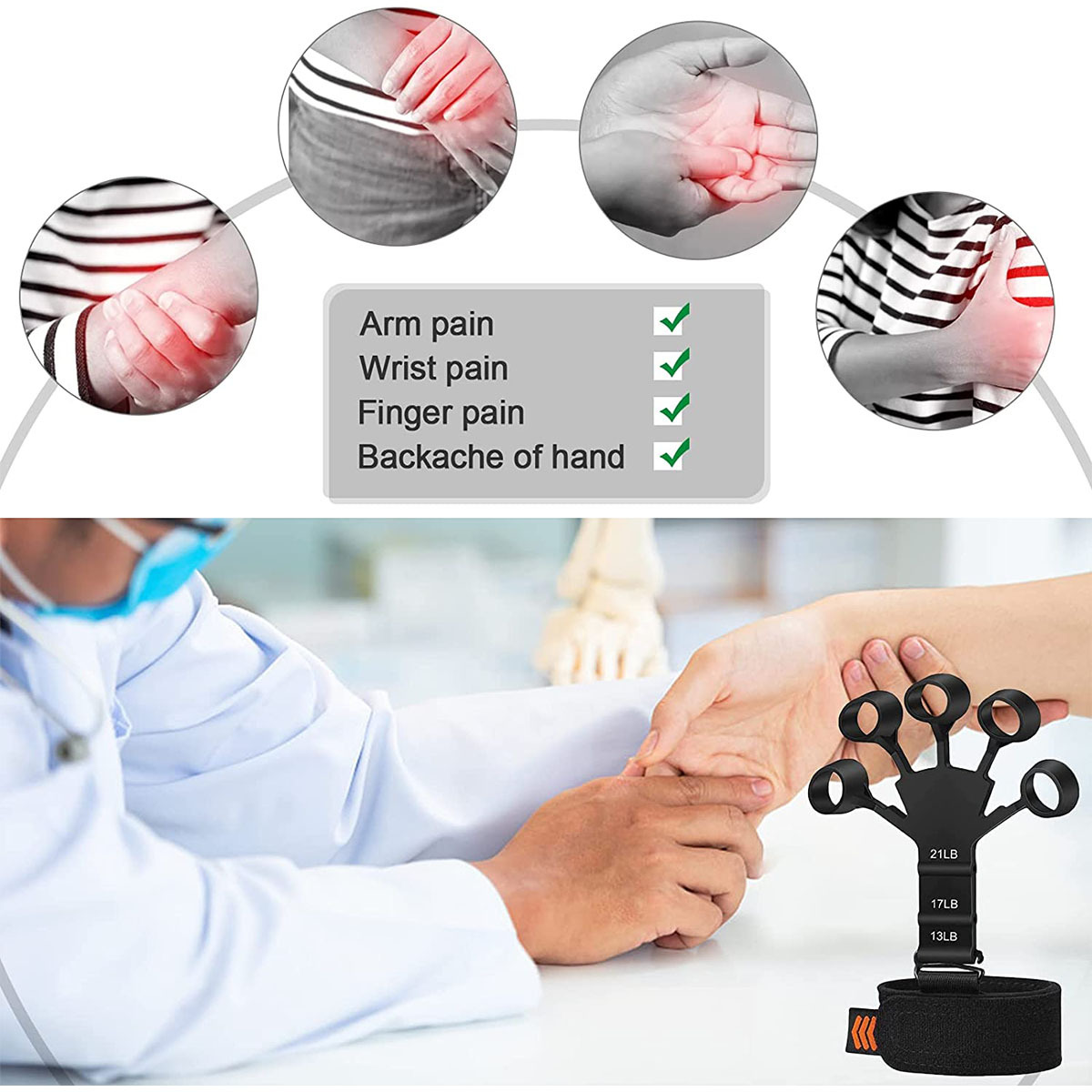 Arzt demonstriert Finger- und Handtrainer. Text hebt Arm-, Handgelenk-, Finger- und Handschmerzen hervor.