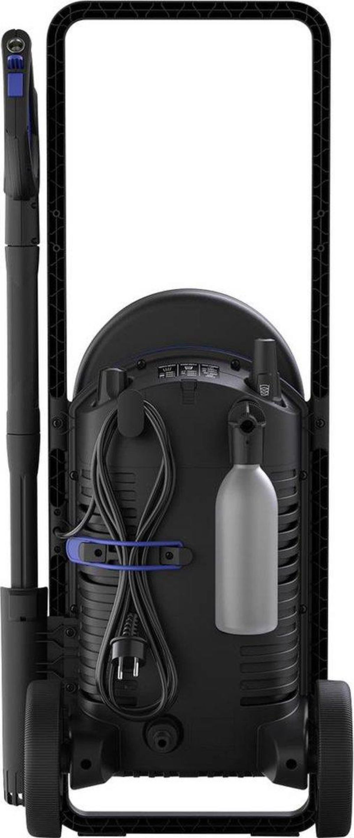 Myjka ciśnieniowa, widok z tyłu. Czarna z niebieskimi akcentami. Dwa koła, uchwyt i kabel.