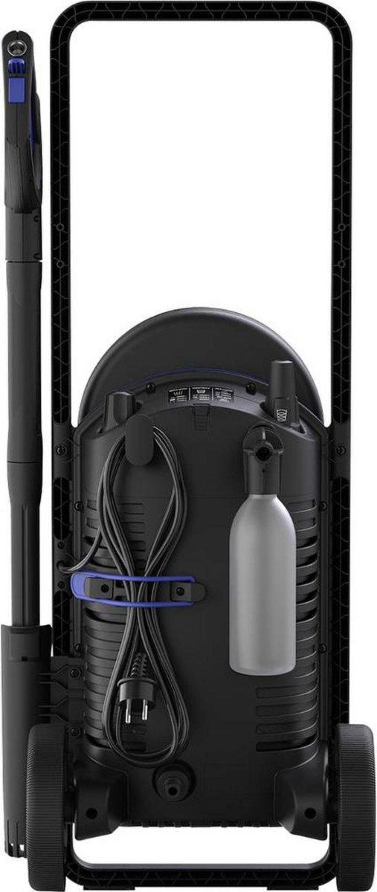 Czarna myjka ciśnieniowa, widok z tyłu, ze wężem, uchwytem i butelką ze spryskiwaczem.