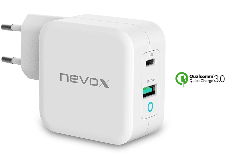 NEVOX 65W USB-C Power Delivery (PD) + USB-A QC3.0 Ladegerät GaN Ladegeräte mobile elektronische Geräte, Weiß