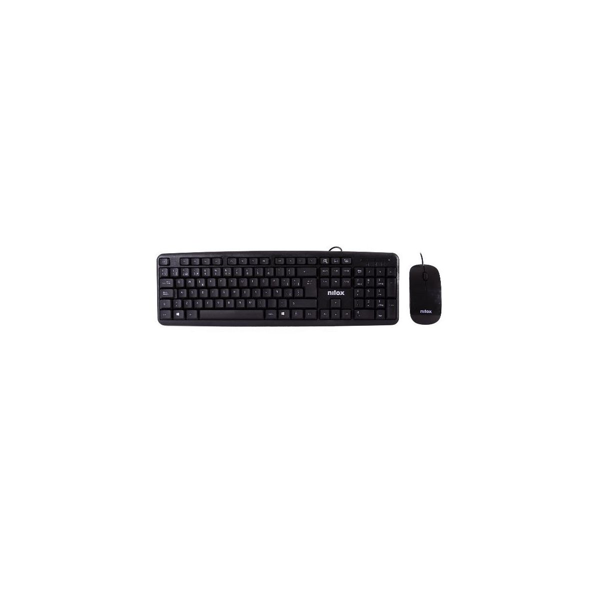 Teclado y ratón negros sobre fondo blanco. El teclado tiene un diseño estándar.
