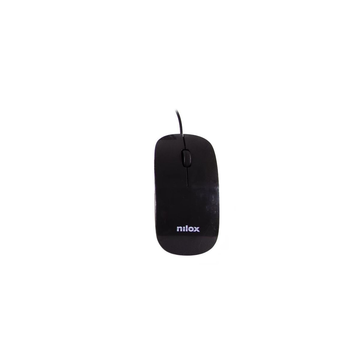 Ratón de ordenador negro. Vista superior. Ratón negro con logo Nilox, rueda y dos botones.
