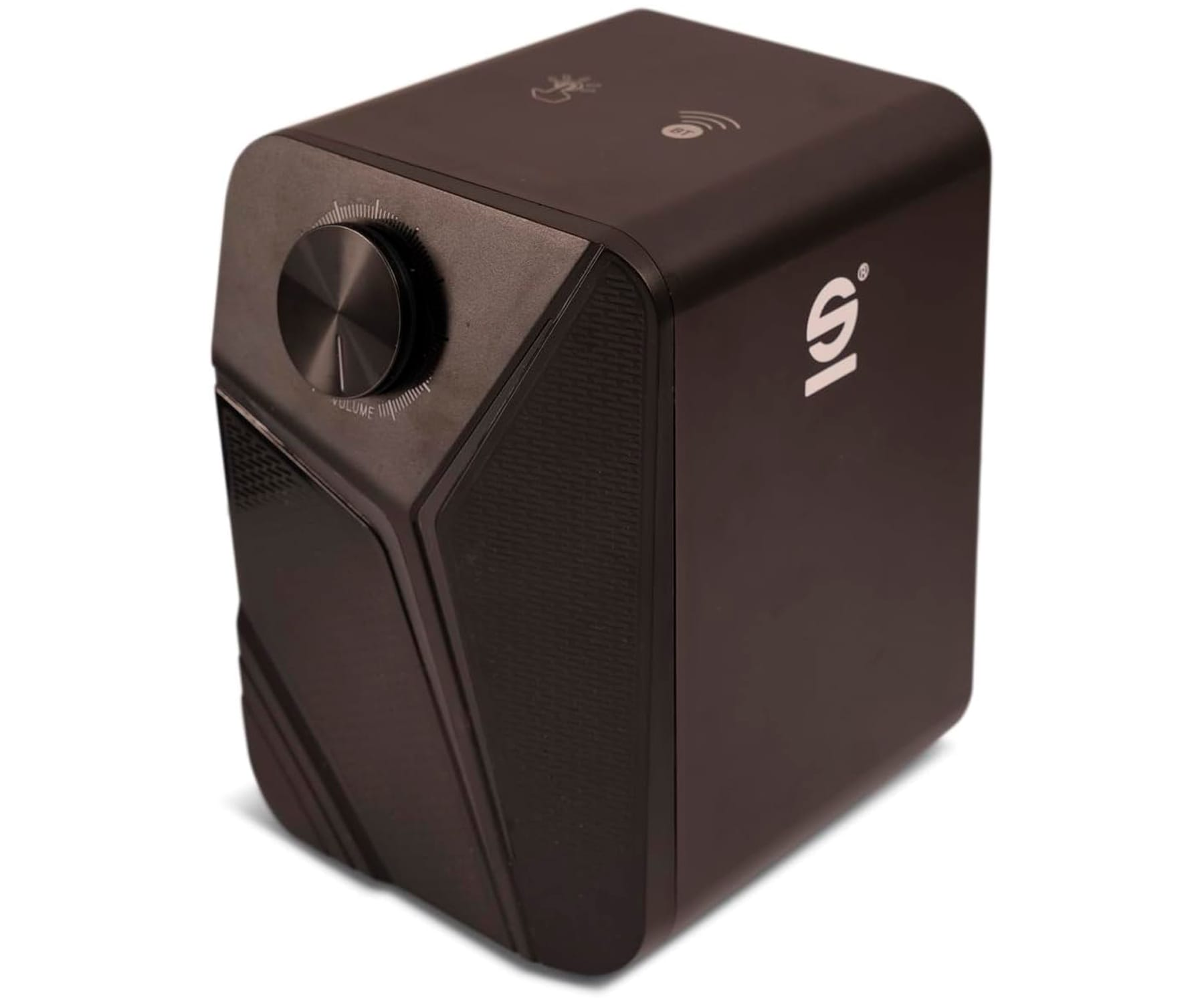 Altoparlante nero a forma di cubo con una manopola del volume e un logo su sfondo bianco.