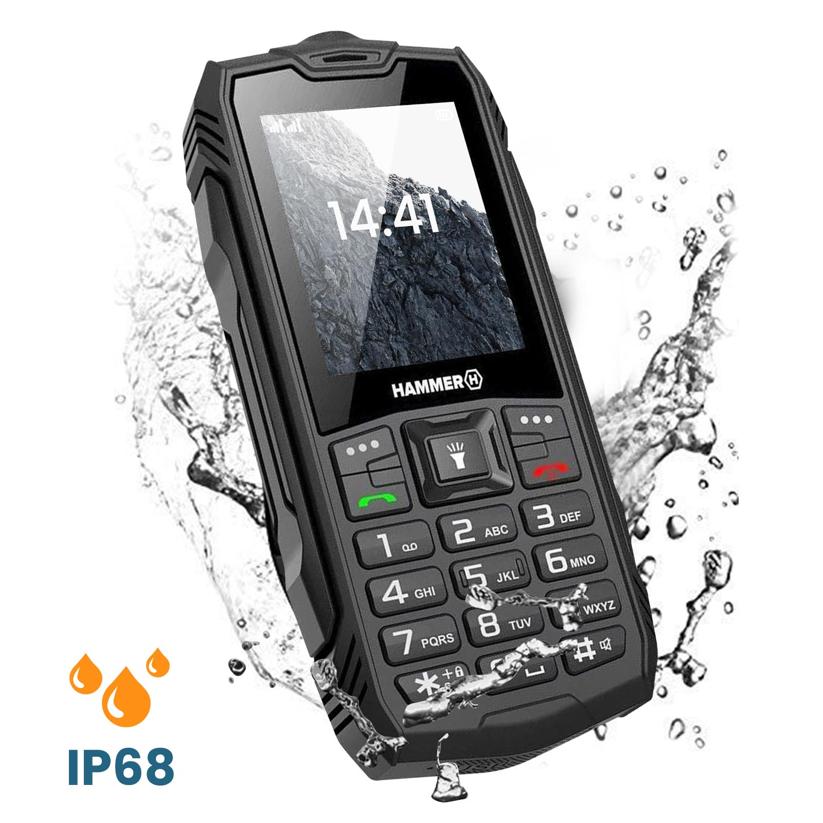 Schwarzes robustes Telefon mit Bildschirm, der 14:41 anzeigt, Wassertröpfchen und IP68-Bewertung.