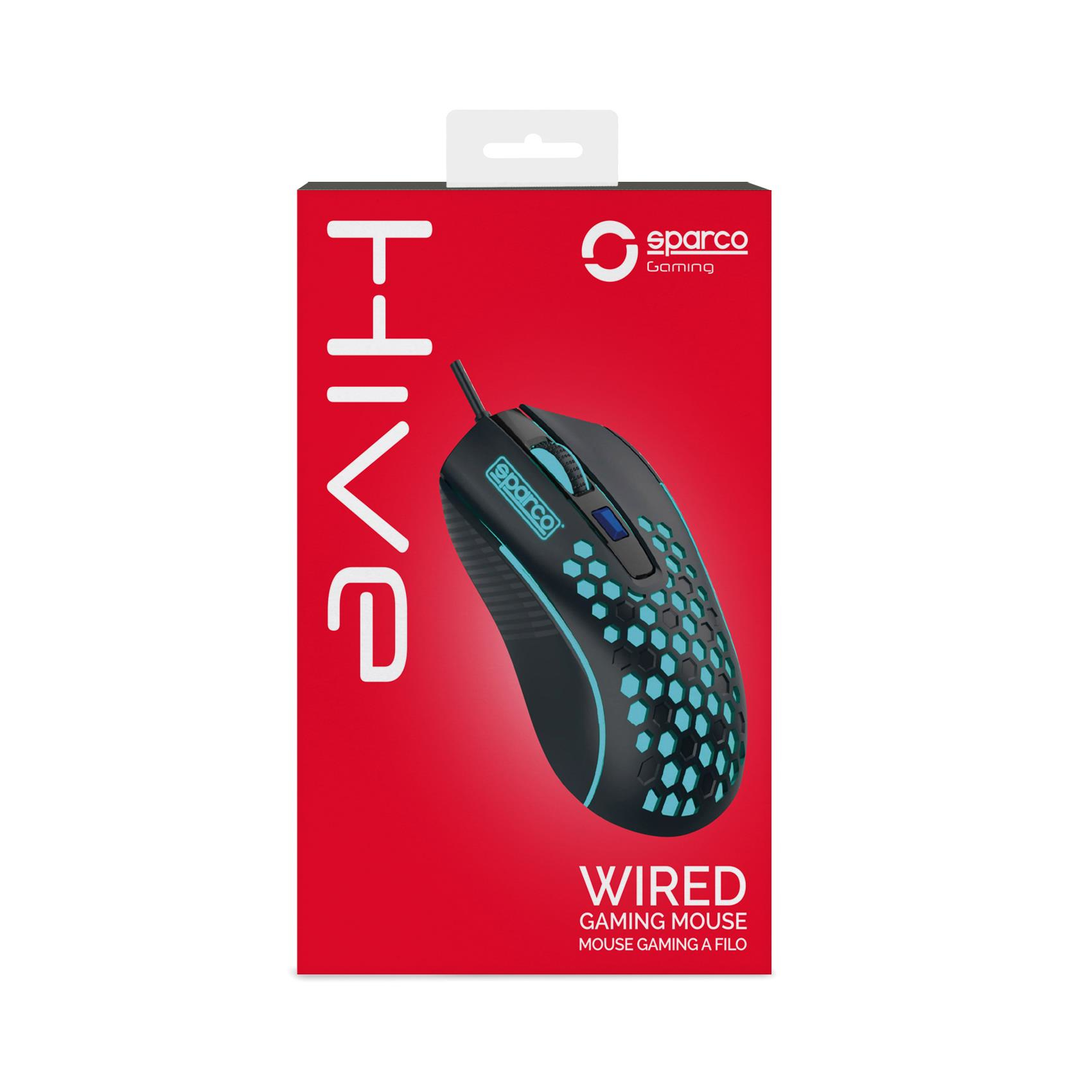 Mouse da gaming nero con dettagli blu, sulla scatola c'è scritto 'WIRED GAMING MOUSE'.