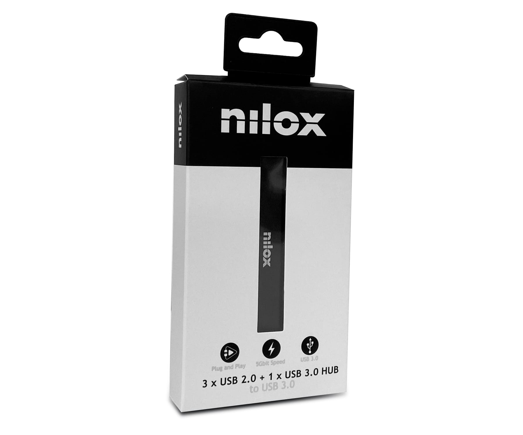 Caja negra y blanca del concentrador USB Nilox. Incluye iconos de USB 3.0.