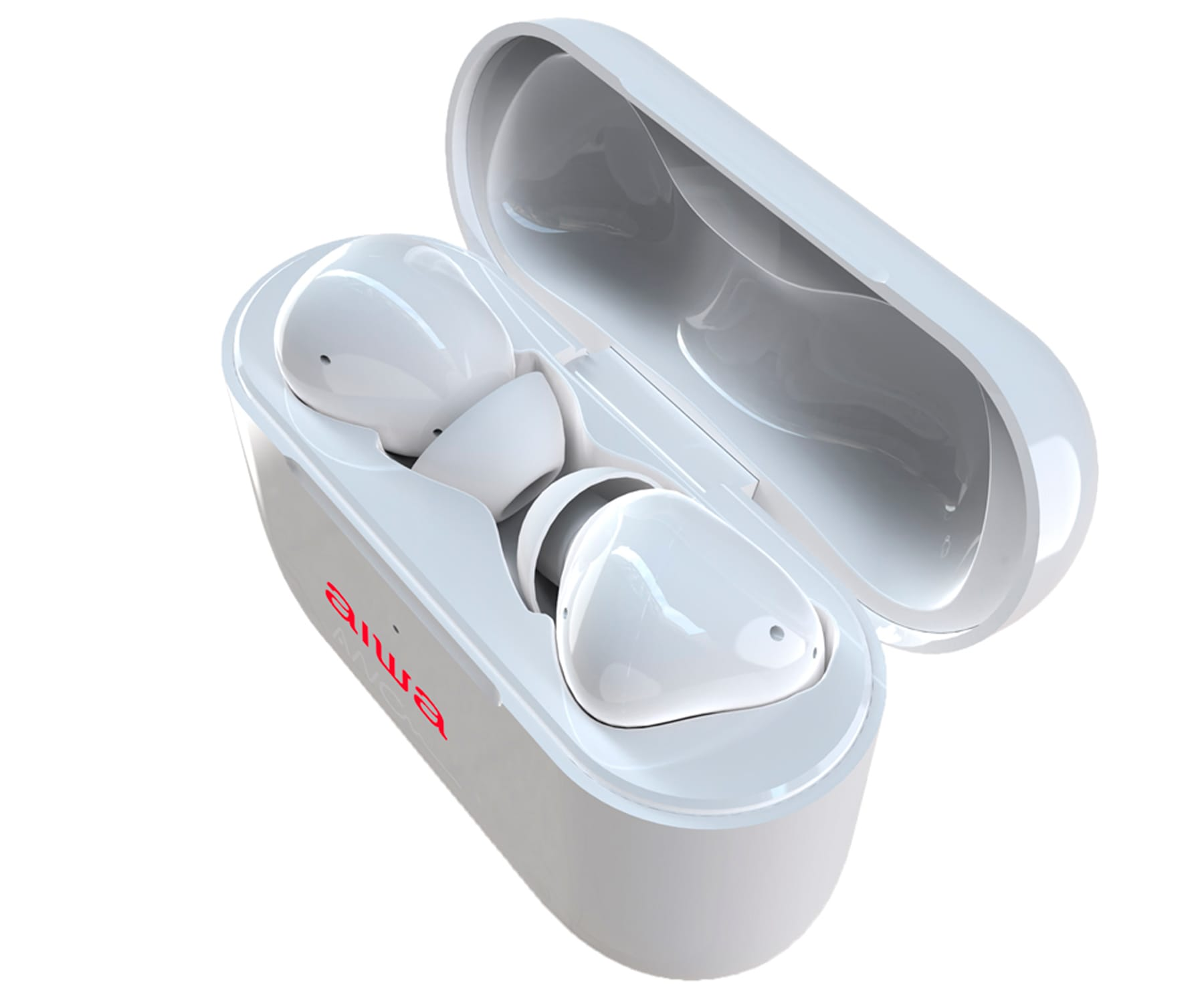 Białe słuchawki douszne i etui, otwarte. Czerwone logo 'aiwa' na etui.