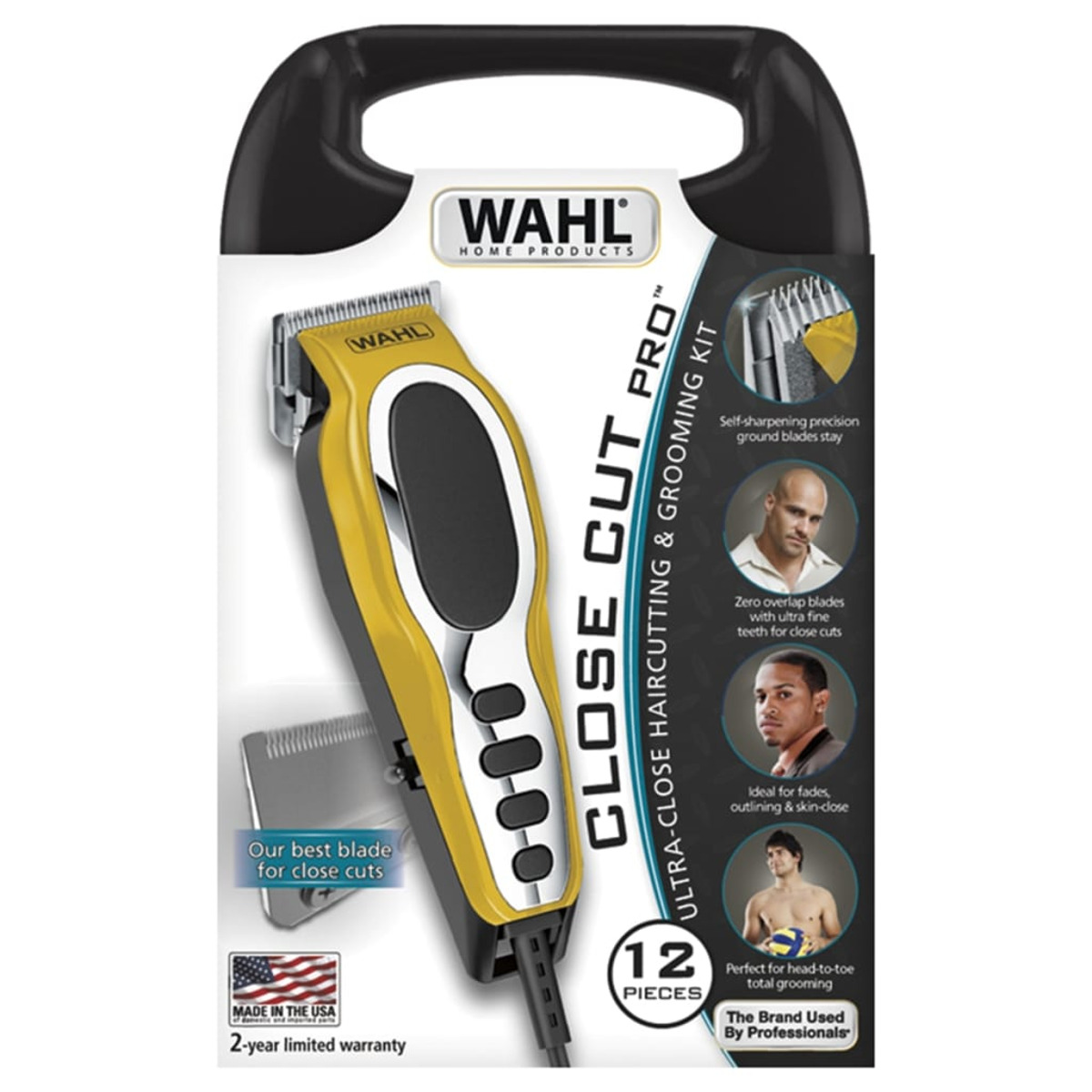 Gelbe und schwarze Haarschneidemaschine mit Zubehör in einer Box. Weißer Hintergrund, Studioaufnahme.