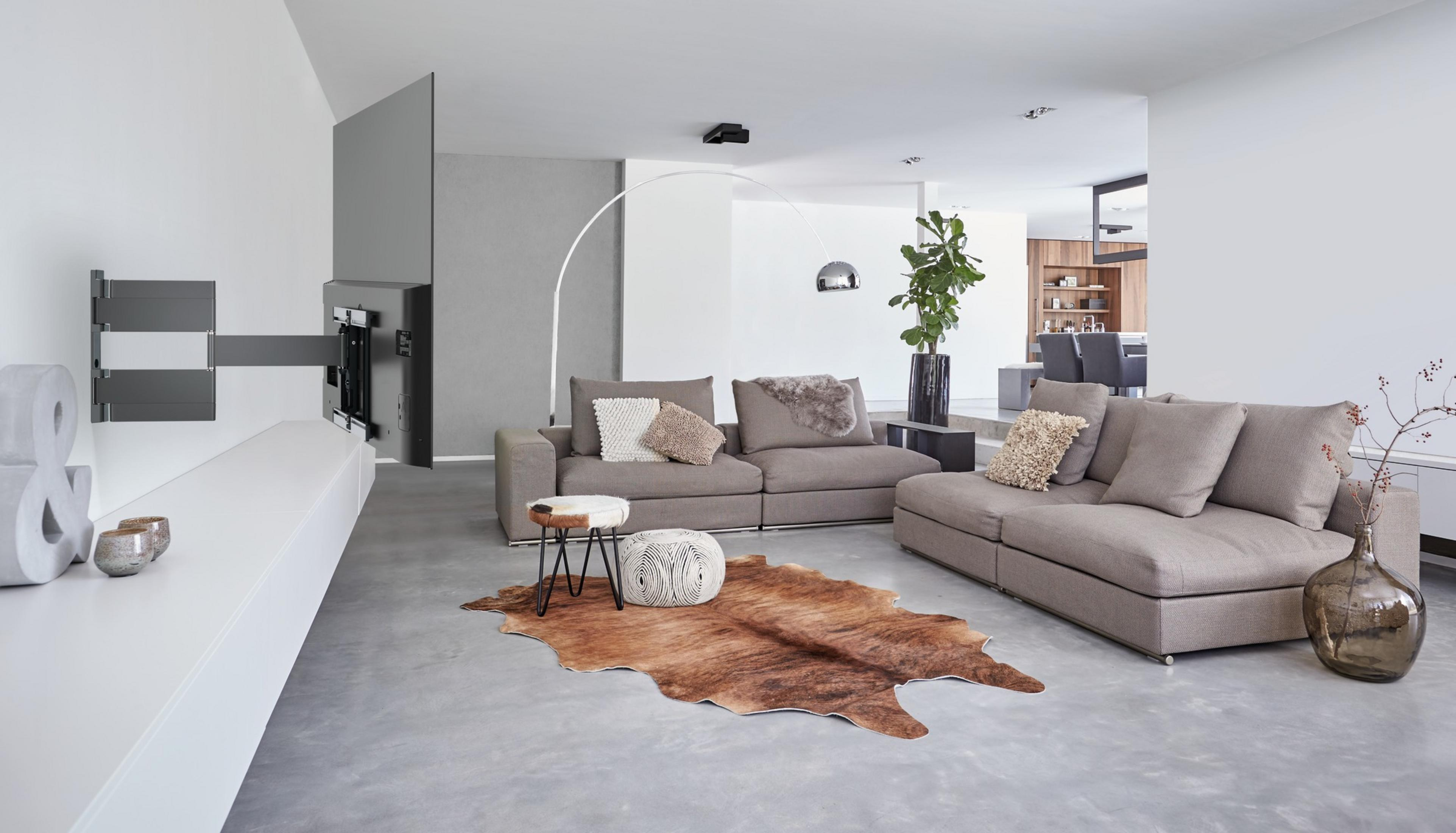 Wohnzimmer mit Sofa, Teppich und Fernseher an der Wand. Der Raum ist geräumig.