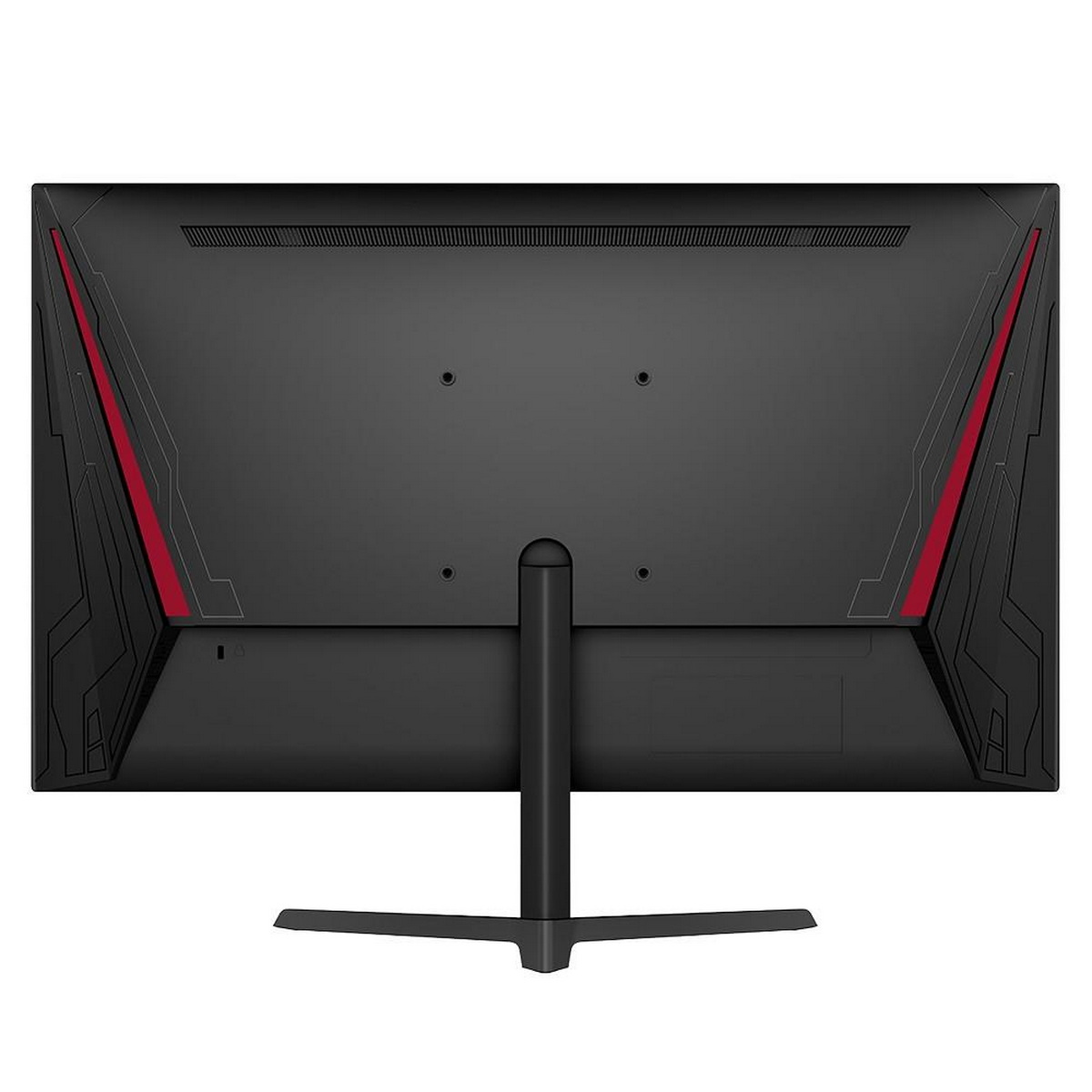 Parte trasera de un monitor de computadora negro con detalles en rojo, un soporte y varios puertos.