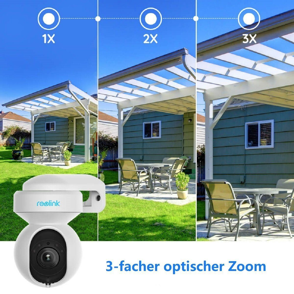 Kamera mit Zoomstufen 1x, 2x und 3x, die ein Haus und den Himmel zeigt.