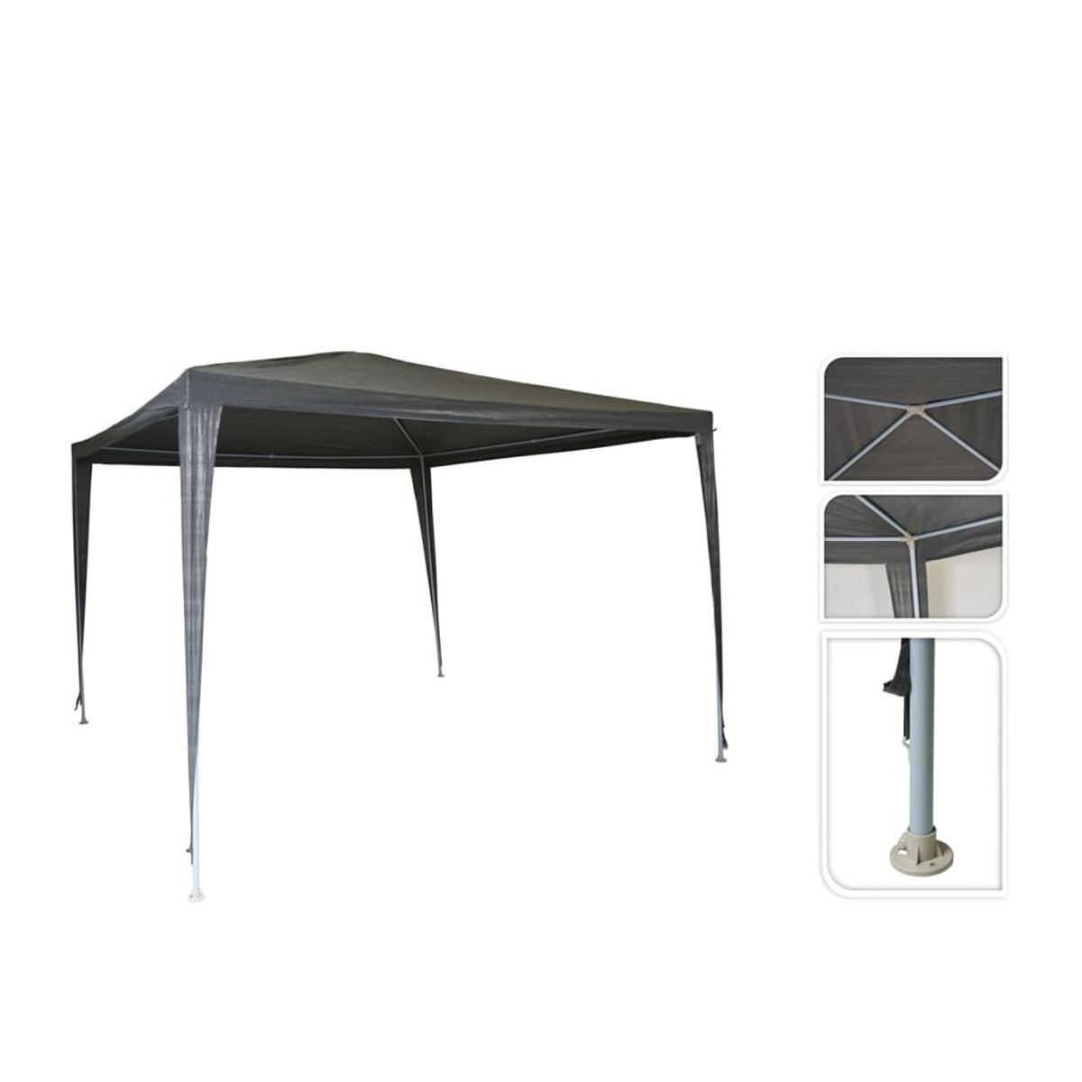 Una tenda grigia allestita su sfondo bianco con un primo piano della sua struttura.
