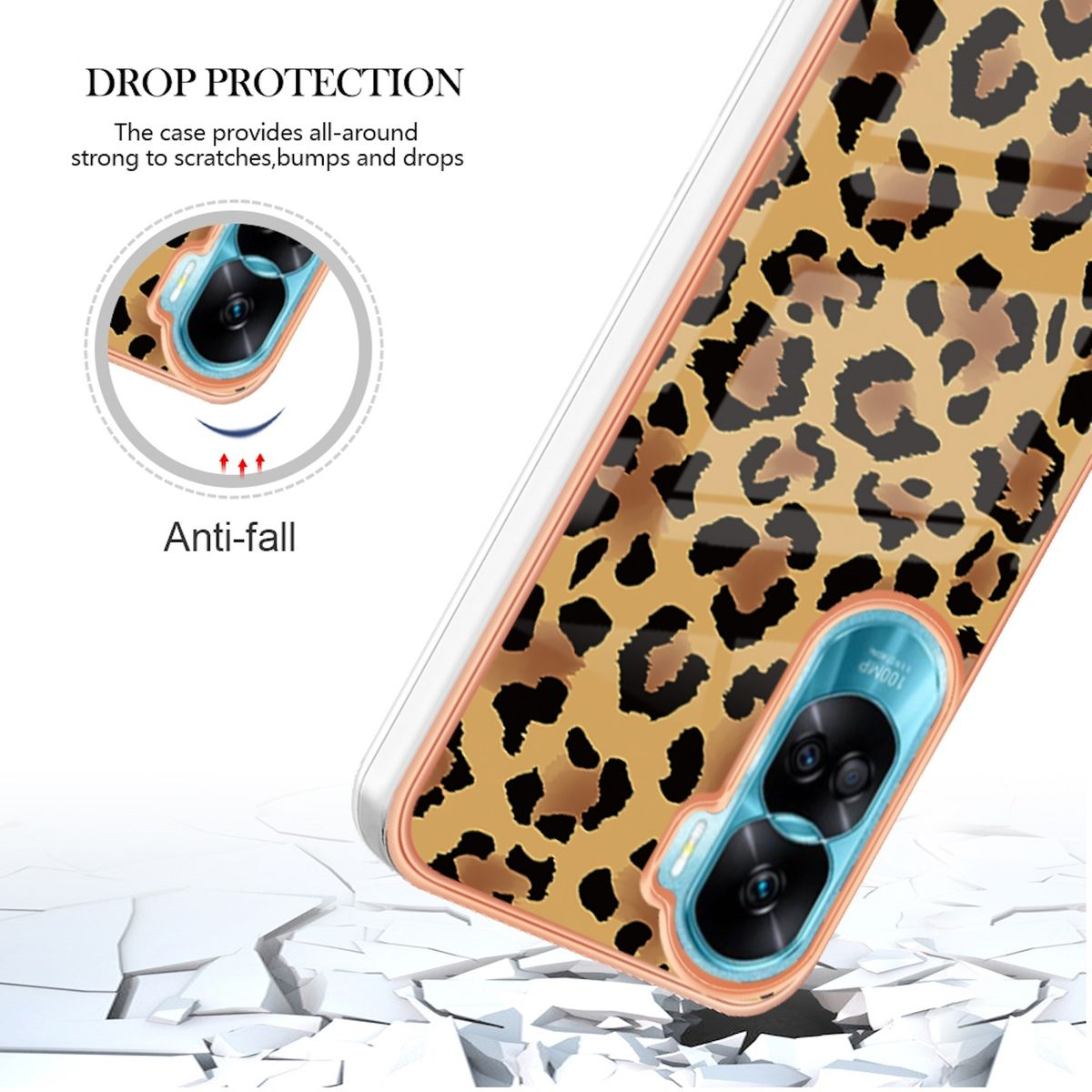 Handyhülle mit Leopardenmuster, Telefon und Hintergrund mit Text.