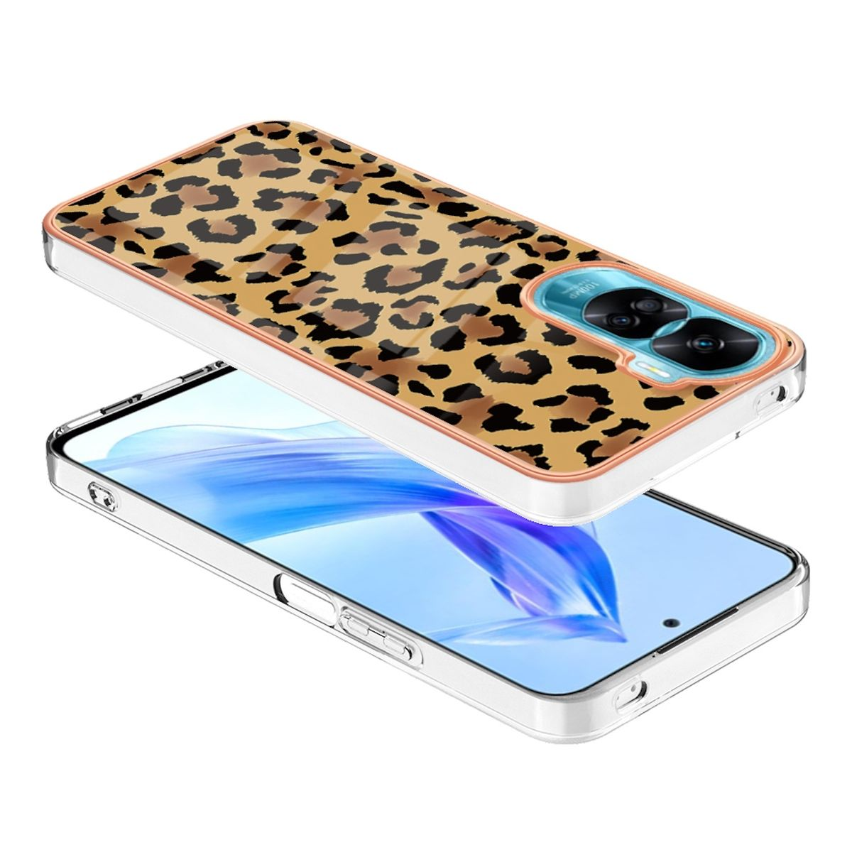 Eine Handyhülle mit Leopardenmuster. Das Telefon befindet sich in der Hülle.
