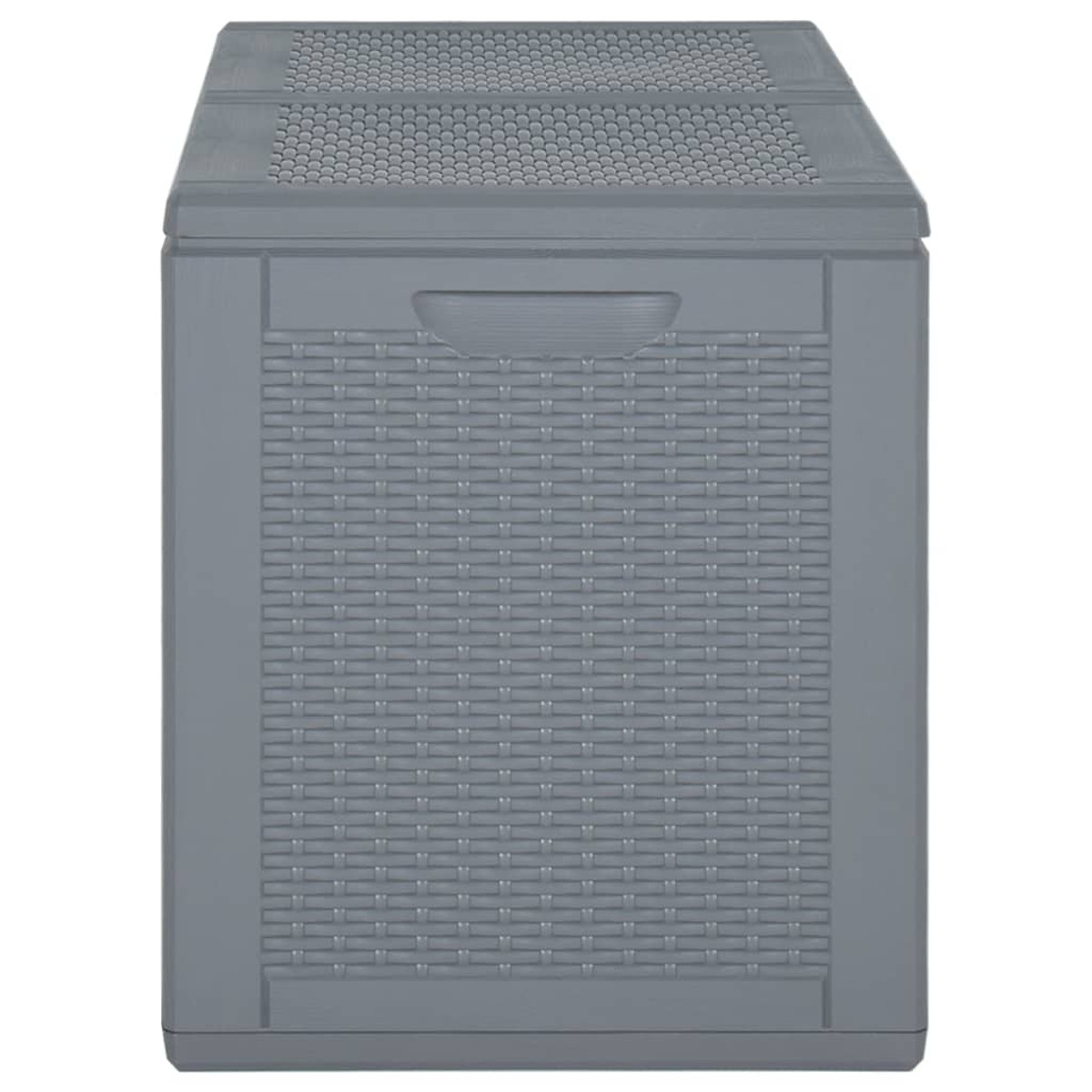 Graue Aufbewahrungsbox mit strukturierter, gewebt aussehender Front. Sie hat einen Griff.