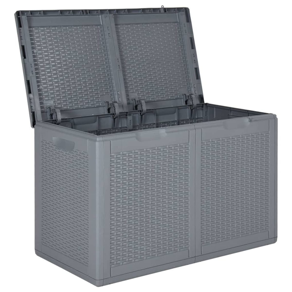 Eine offene graue Aufbewahrungsbox mit strukturiertem Muster, ideal für die Aufbewahrung im Freien.