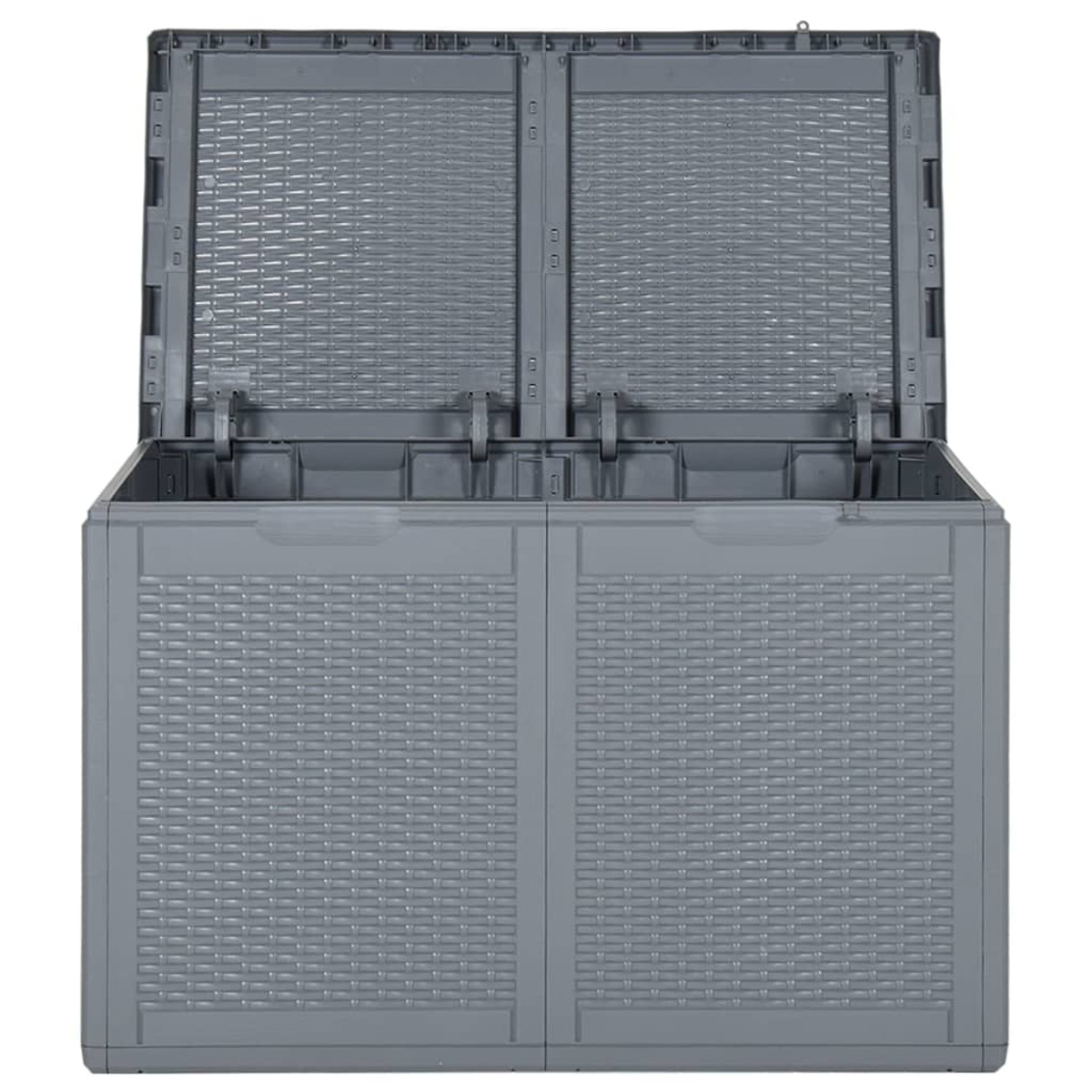 Eine graue Aufbewahrungsbox mit zwei geöffneten Türen. Sie hat ein Webmuster auf der Vorderseite und oben.