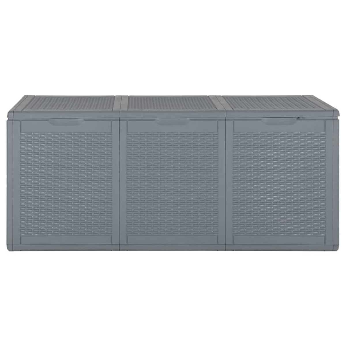 Graue Kunststoff-Aufbewahrungsbox mit drei Sektionen, strukturierte Front.