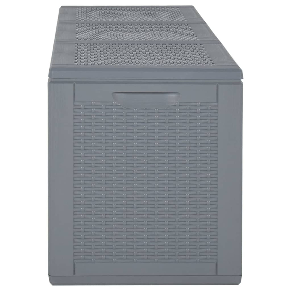 Eine graue Outdoor-Aufbewahrungsbox aus Kunststoff. Die Oberseite ist strukturiert. Die Vorderseite hat ein gewebtes Muster.