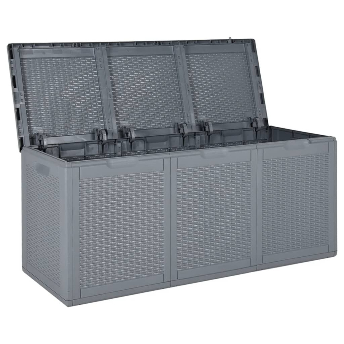 Eine graue Aufbewahrungsbox mit strukturierter Abdeckung, geöffnet.