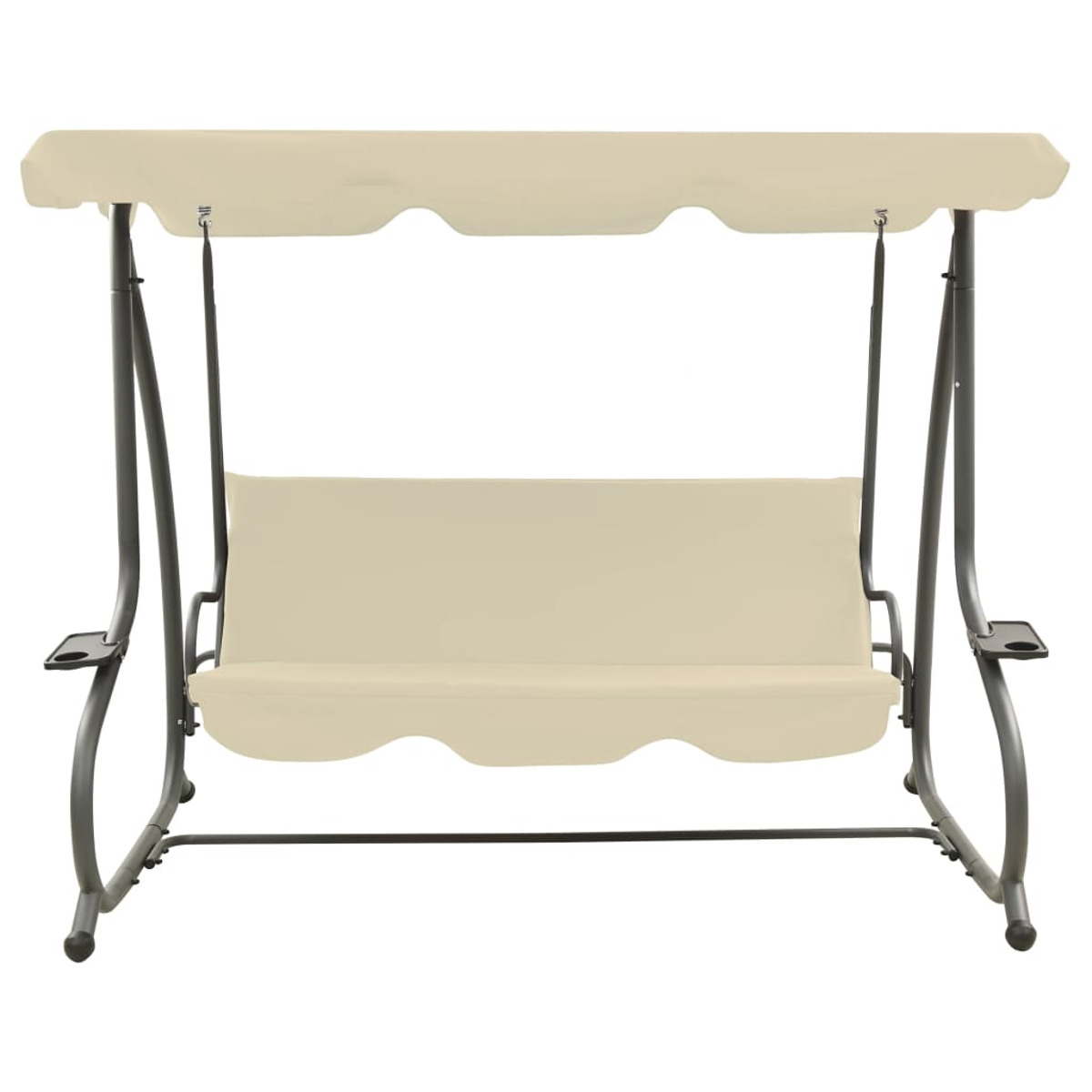 Beige Schaukel. Metallrahmen, beiges Verdeck und Sitz. Weißer Hintergrund.