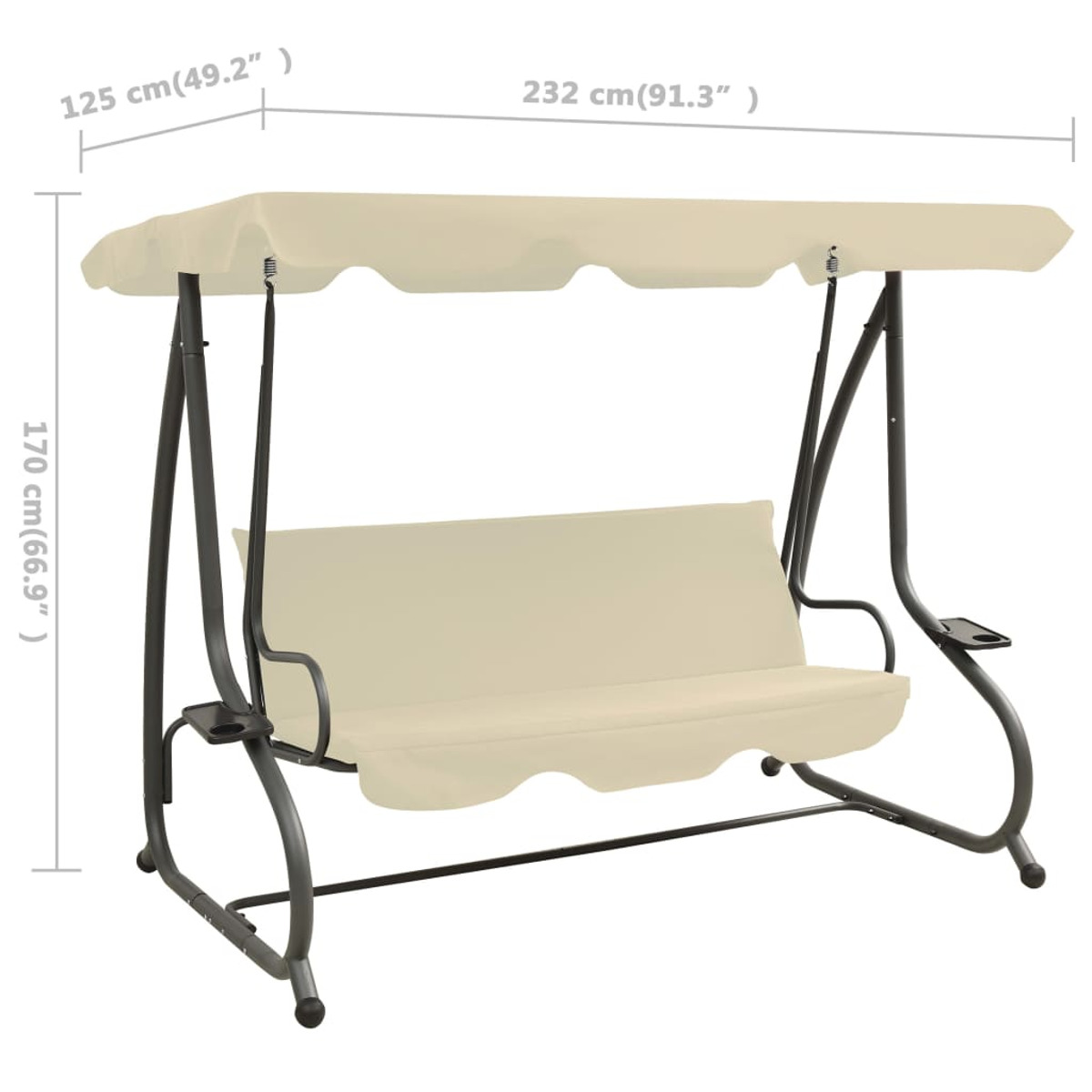 Cremefarbene Schaukel mit Verdeck. Stahlrahmen mit Maßen. Sitz und Verdeck sind beige.