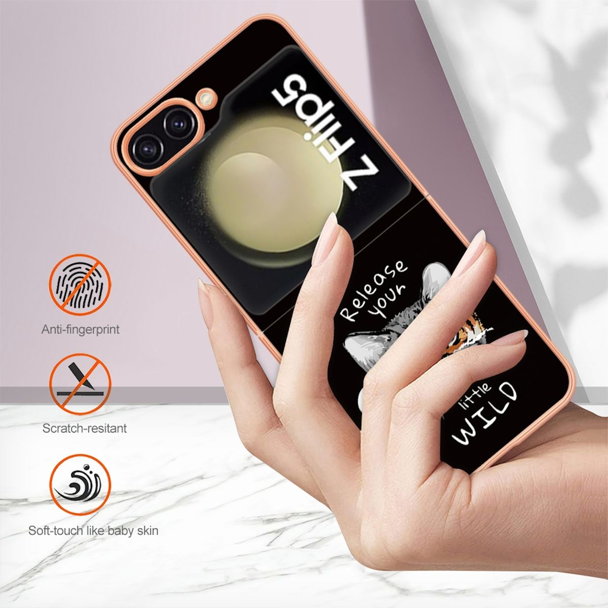 WIGENTO TPU / PC Schwarz Galaxy Druck mit Z Backcover, 5G, Flip5 Design Feel Samsung, Hülle