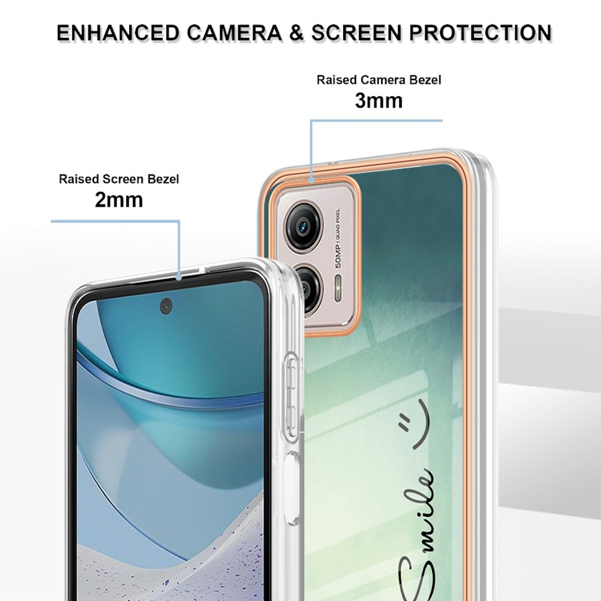 Handyhülle mit Telefon im Inneren. Transparente Hülle mit einem Lächeln auf der Rückseite. Erhöhter Rahmen.